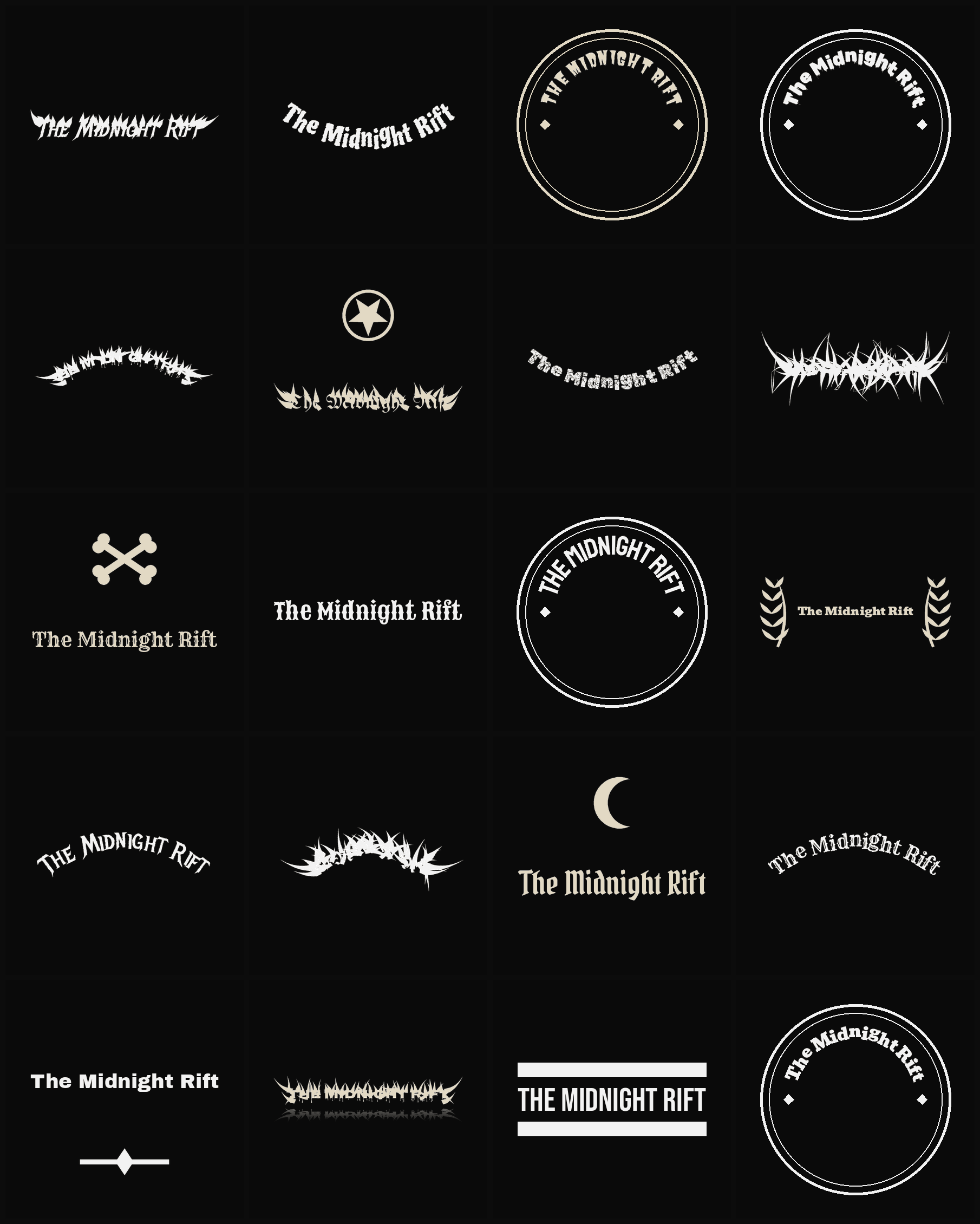 Twenty The Midnight Rift band logo ideas — different faces, treatments and spike settings