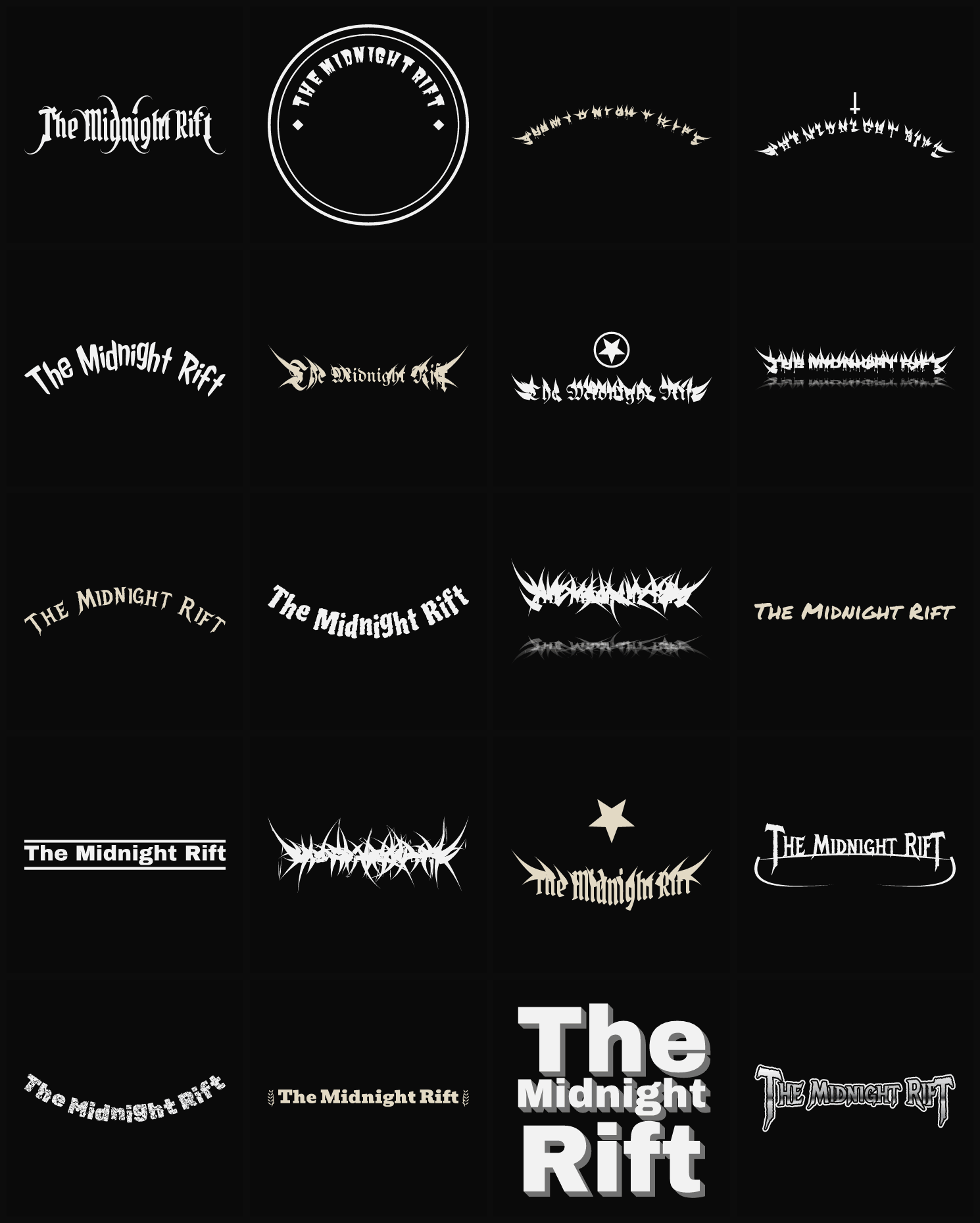 Twenty The Midnight Rift band logo ideas — different faces, treatments and spike settings
