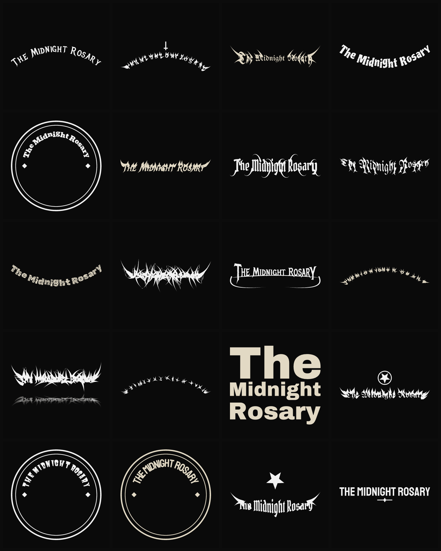 Twenty The Midnight Rosary band logo ideas — different faces, treatments and spike settings
