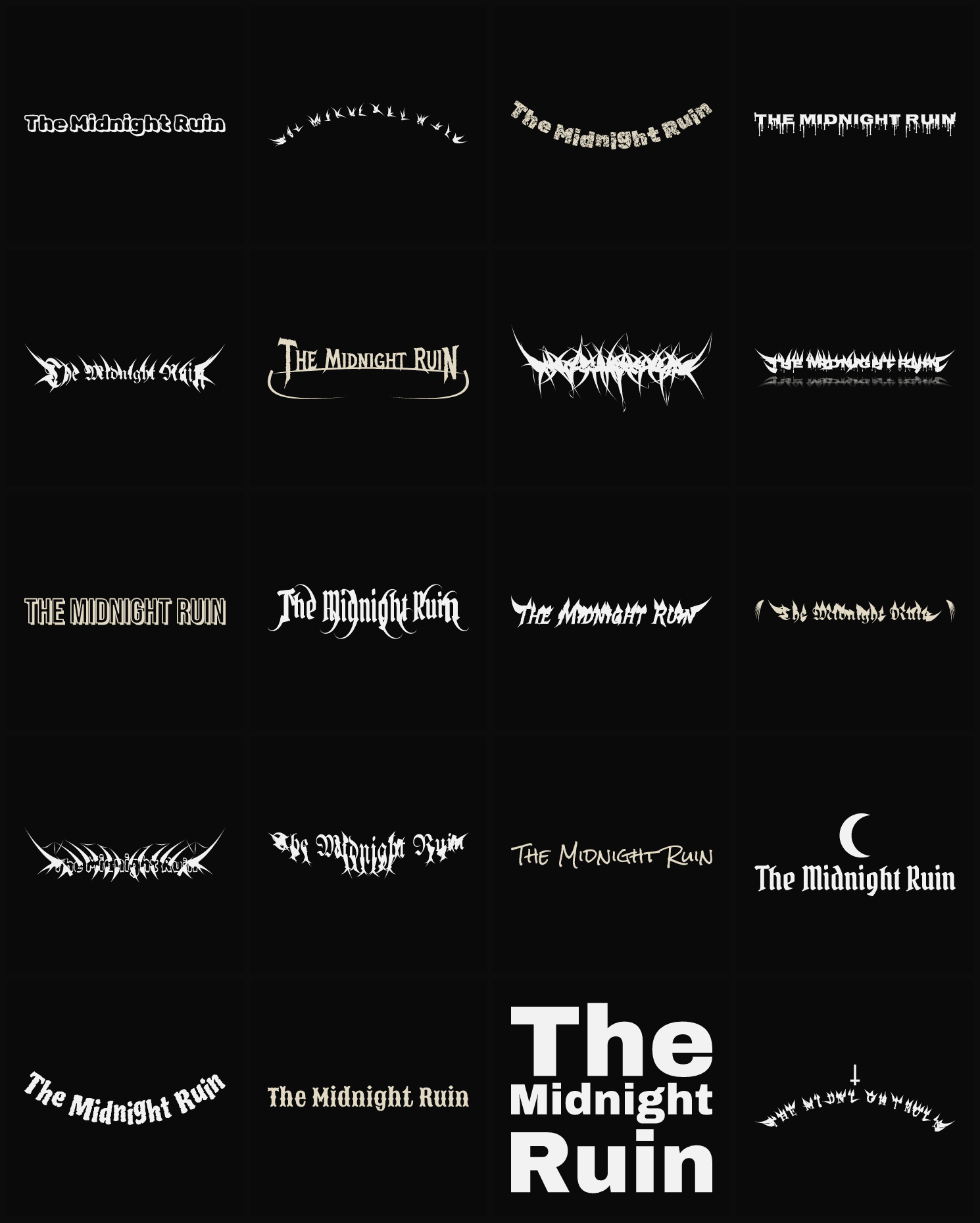 Twenty The Midnight Ruin band logo ideas — different faces, treatments and spike settings