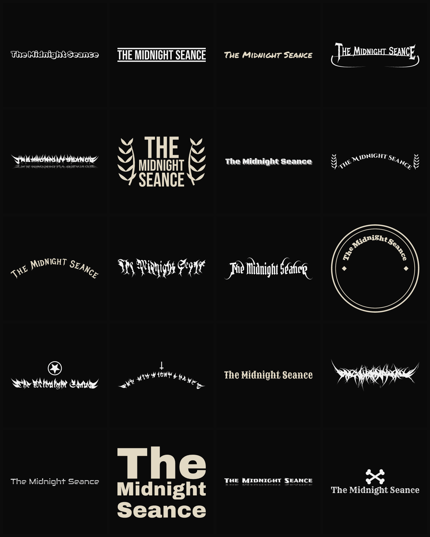 Twenty The Midnight Seance band logo ideas — different faces, treatments and spike settings