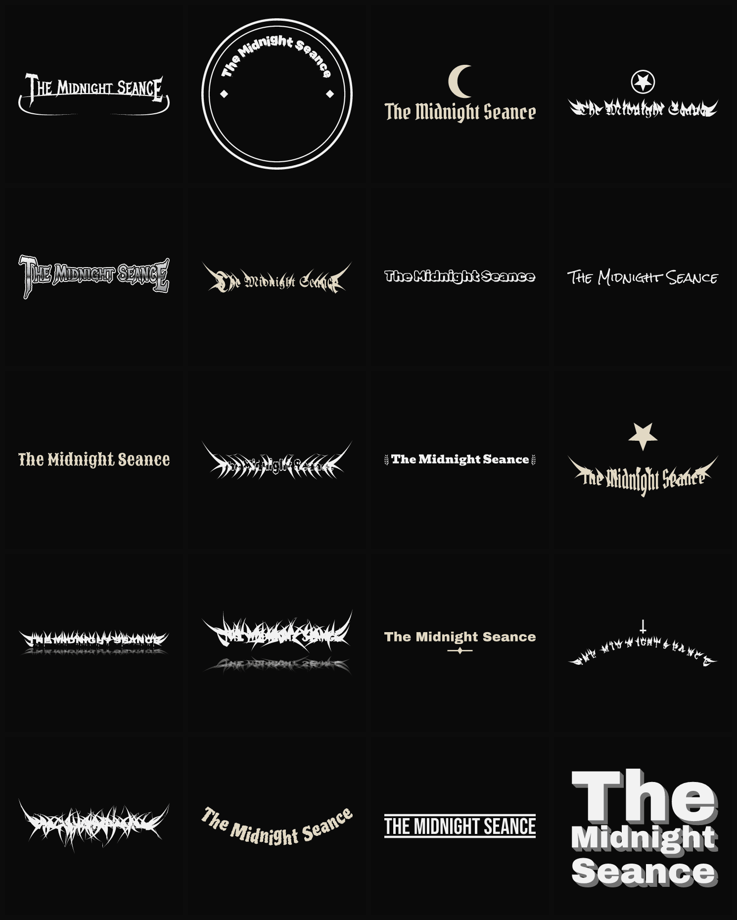 Twenty The Midnight Seance band logo ideas — different faces, treatments and spike settings