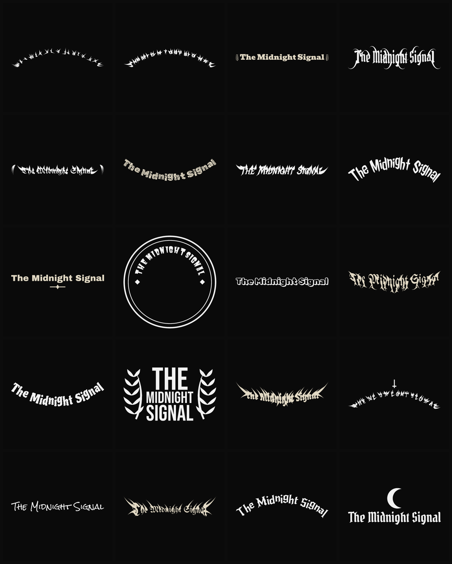 Twenty The Midnight Signal band logo ideas — different faces, treatments and spike settings