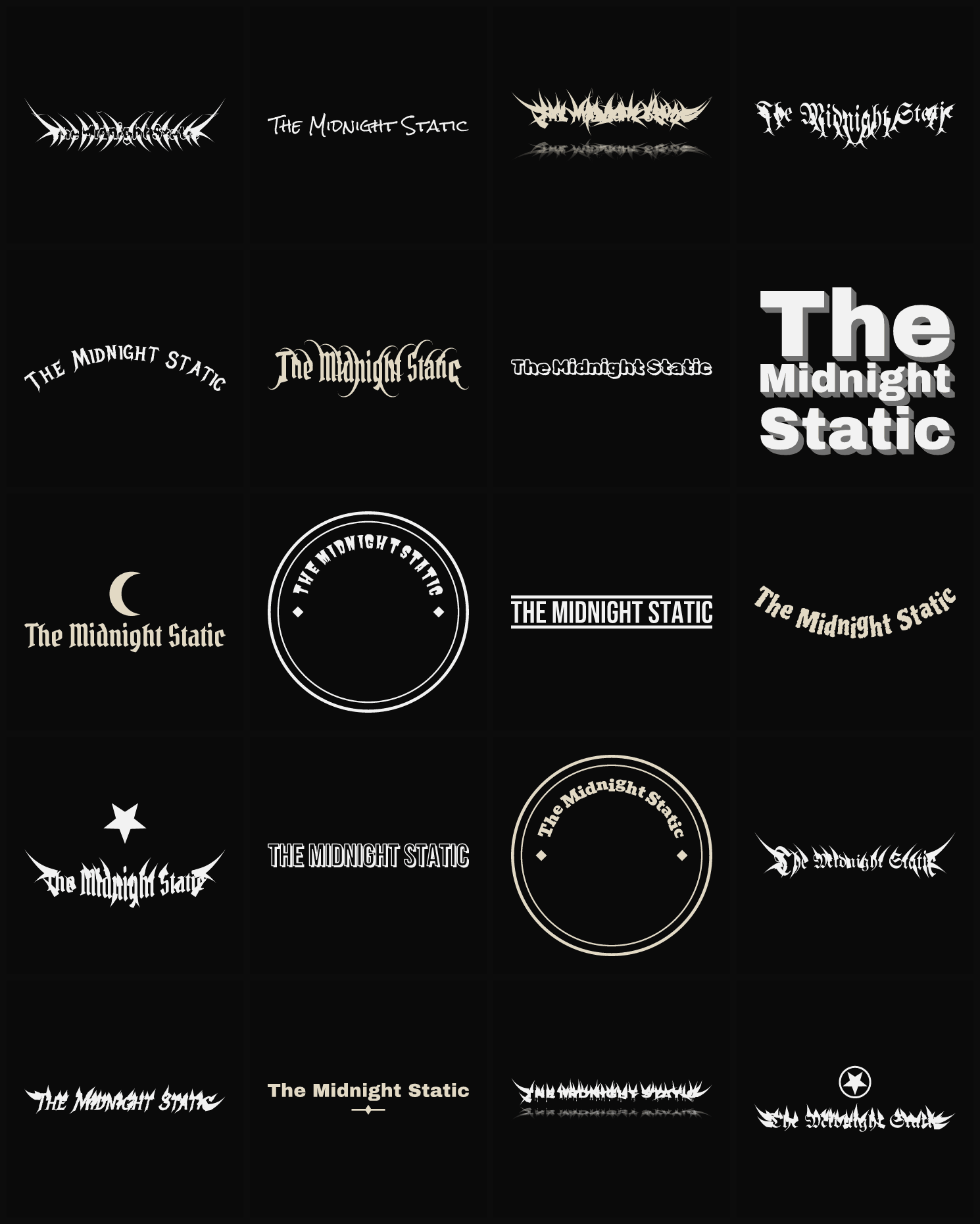 Twenty The Midnight Static band logo ideas — different faces, treatments and spike settings