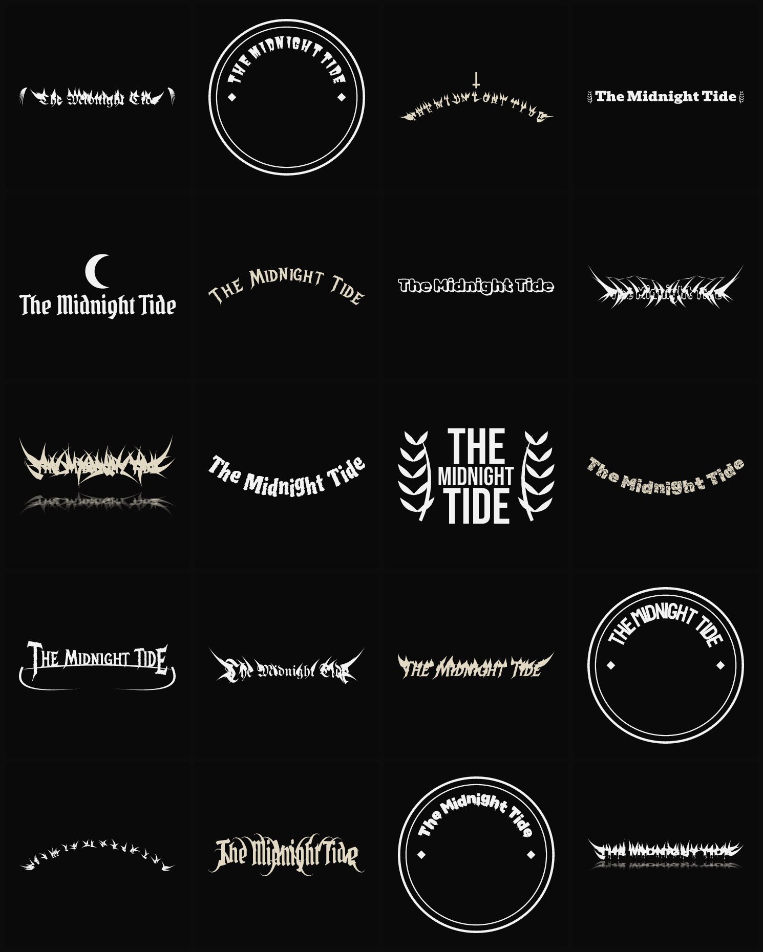 Twenty The Midnight Tide band logo ideas — different faces, treatments and spike settings