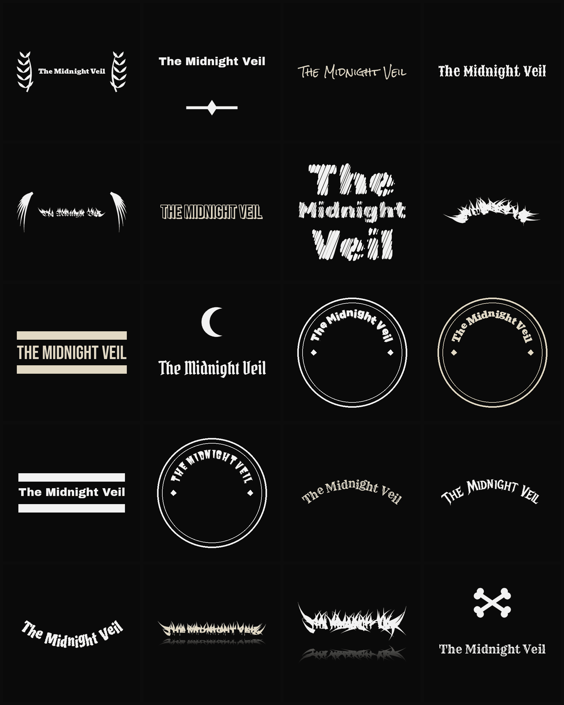 Twenty The Midnight Veil band logo ideas — different faces, treatments and spike settings
