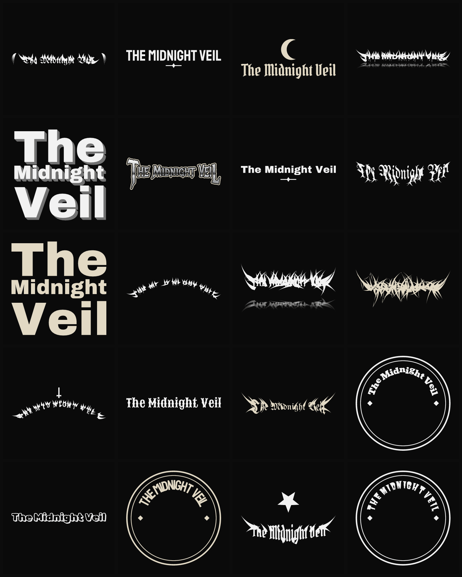 Twenty The Midnight Veil band logo ideas — different faces, treatments and spike settings
