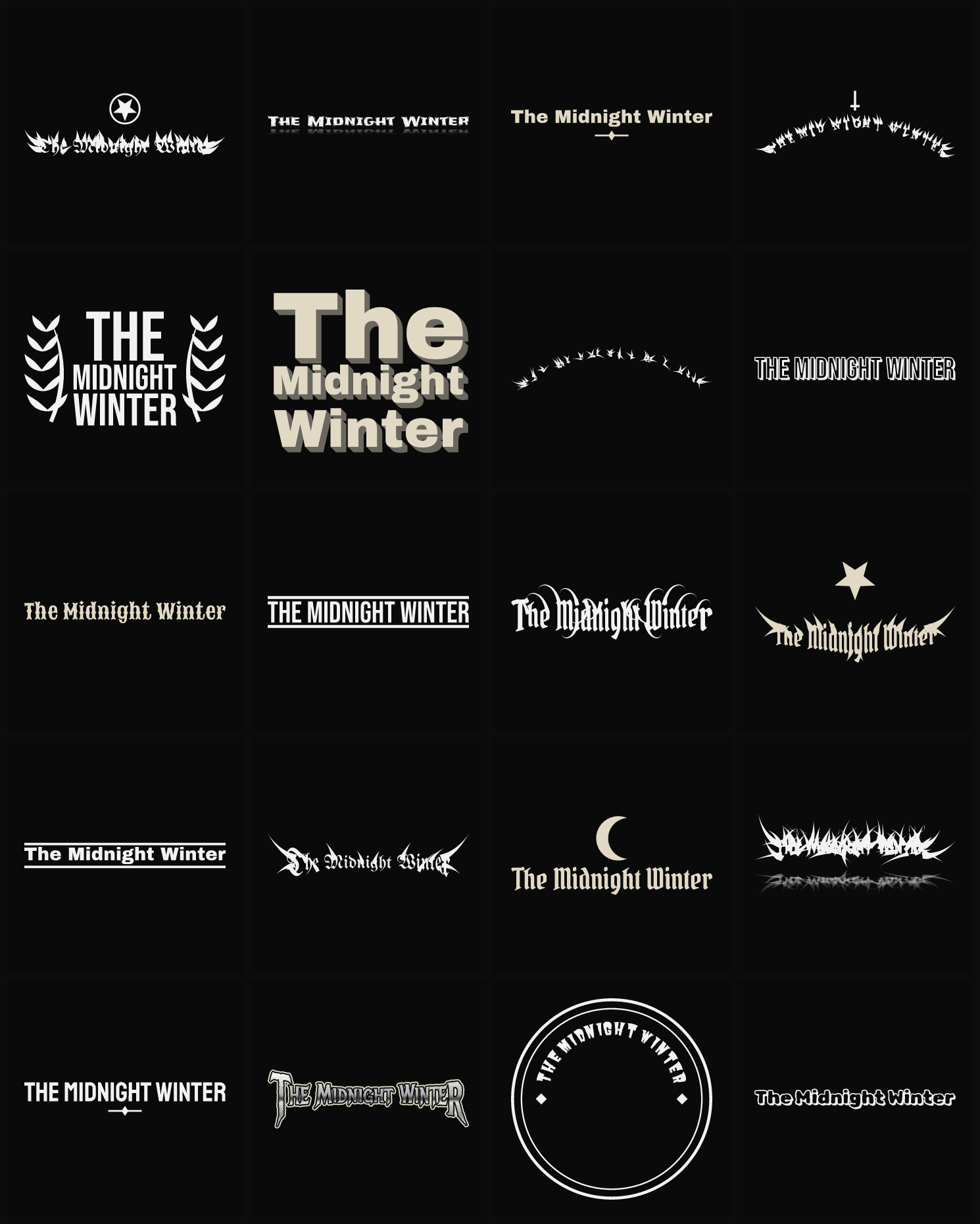 Twenty The Midnight Winter band logo ideas — different faces, treatments and spike settings