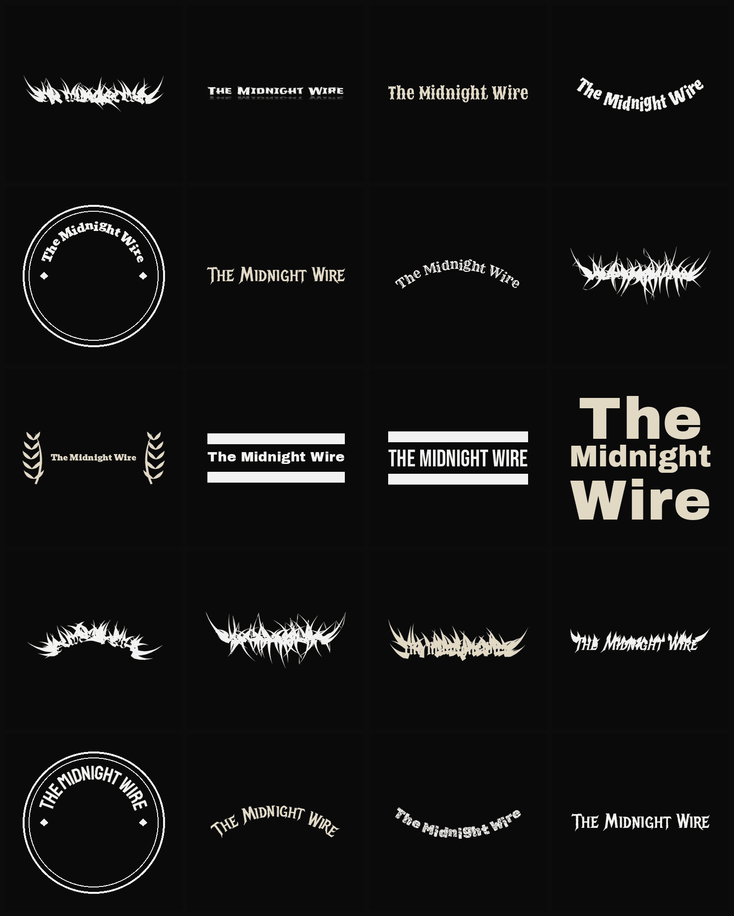 Twenty The Midnight Wire band logo ideas — different faces, treatments and spike settings