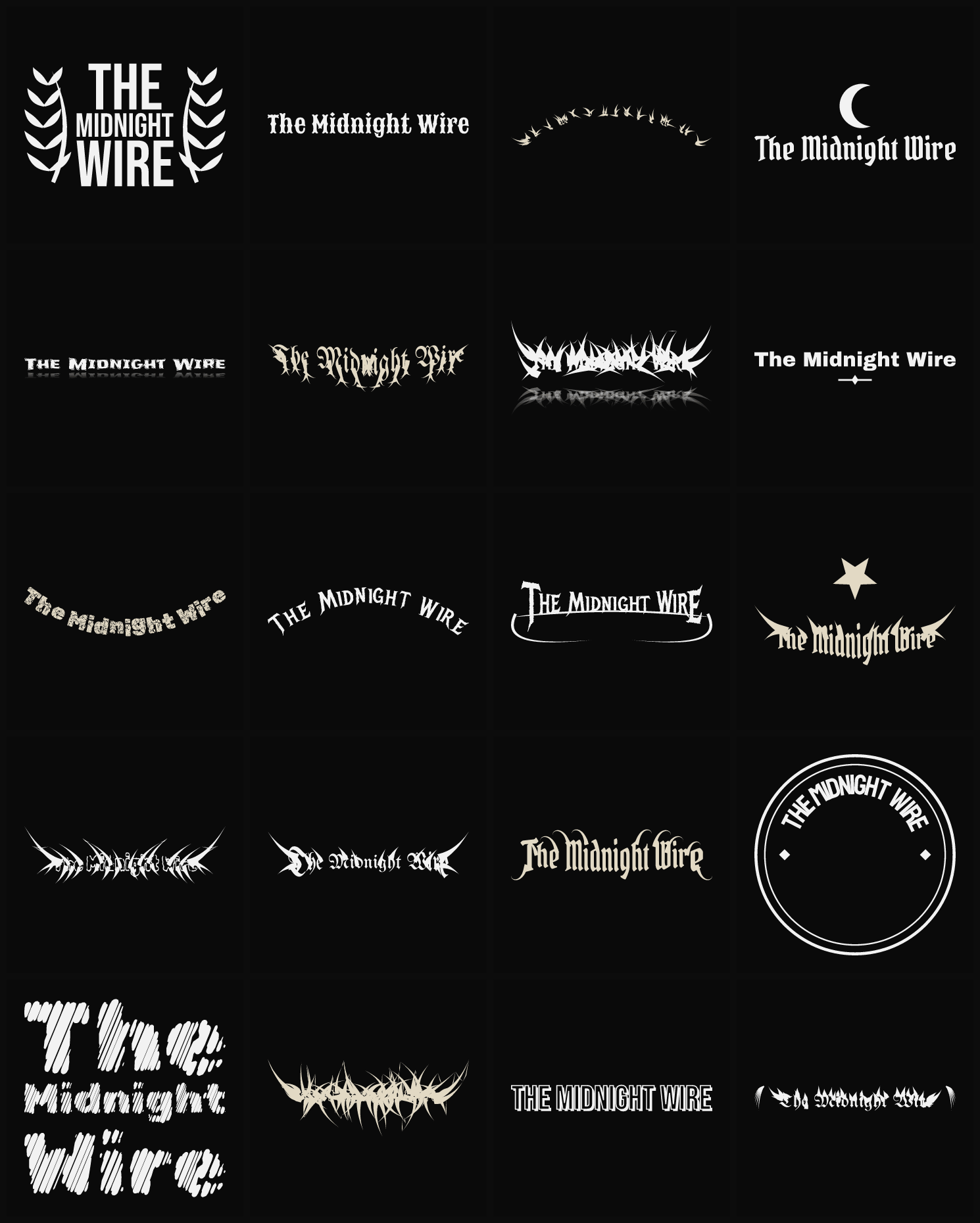 Twenty The Midnight Wire band logo ideas — different faces, treatments and spike settings
