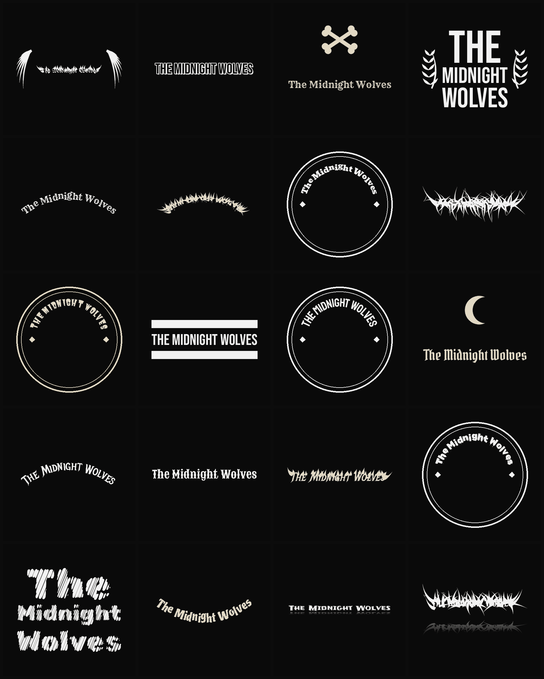 Twenty The Midnight Wolves band logo ideas — different faces, treatments and spike settings