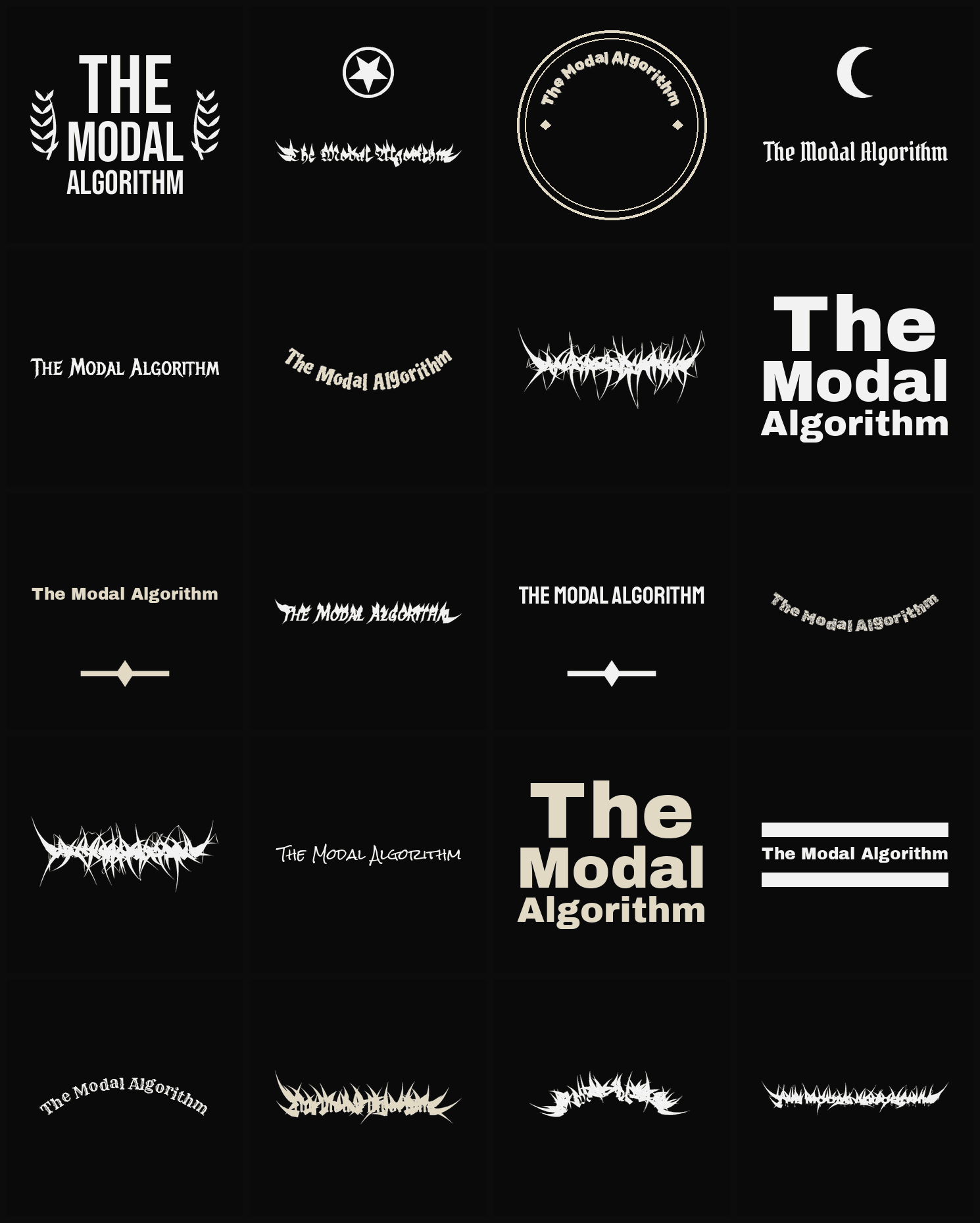 Twenty The Modal Algorithm band logo ideas — different faces, treatments and spike settings
