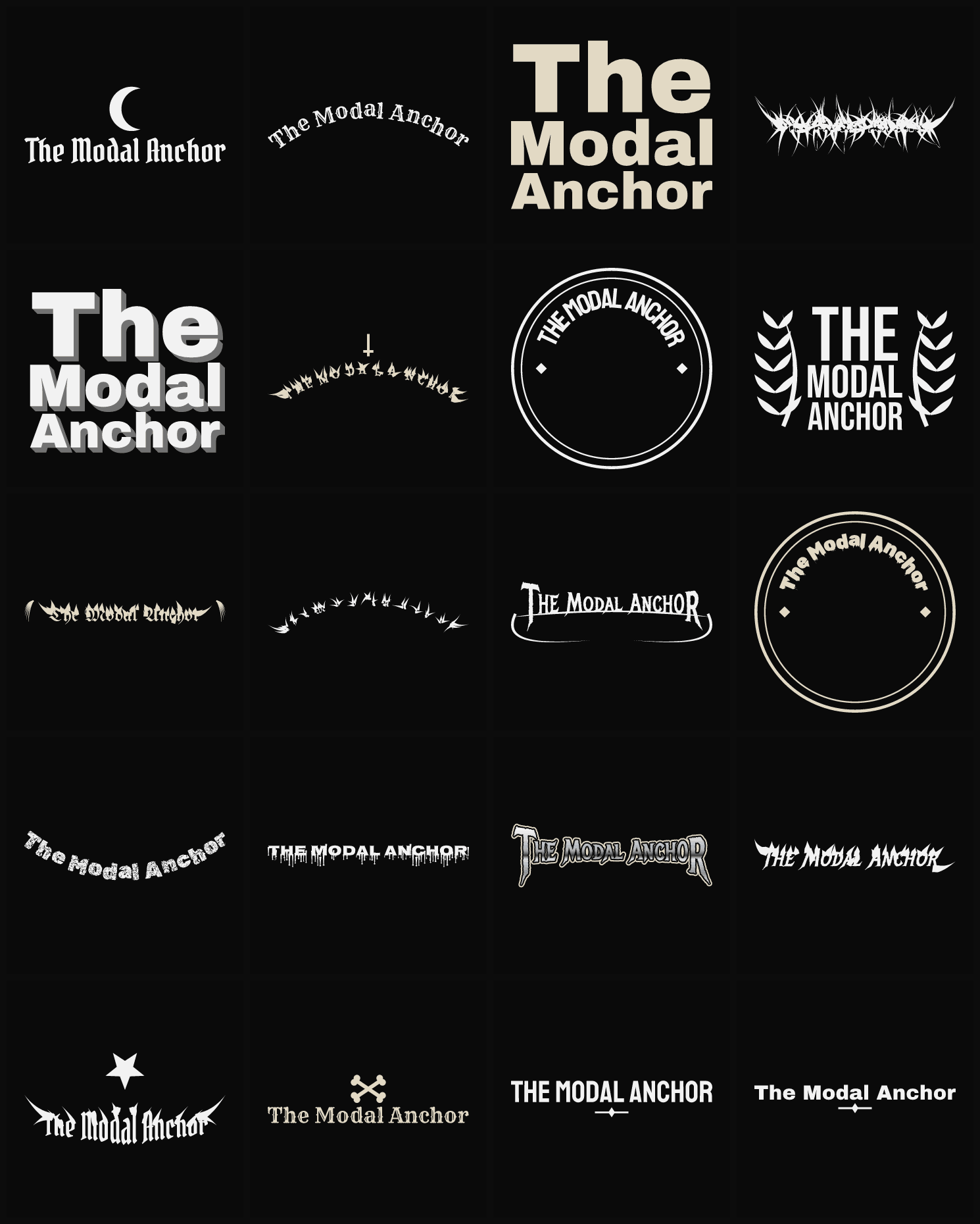 Twenty The Modal Anchor band logo ideas — different faces, treatments and spike settings