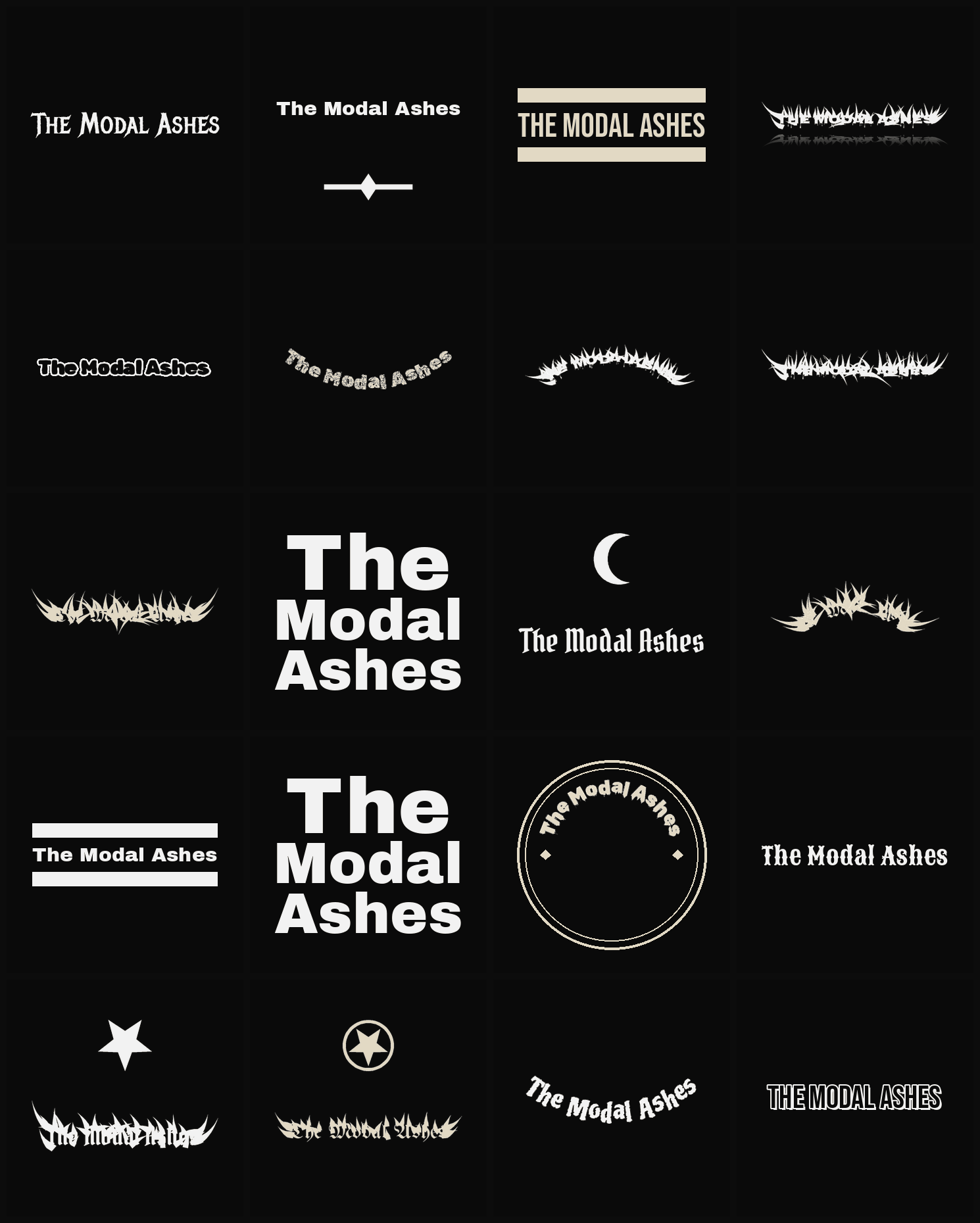 Twenty The Modal Ashes band logo ideas — different faces, treatments and spike settings