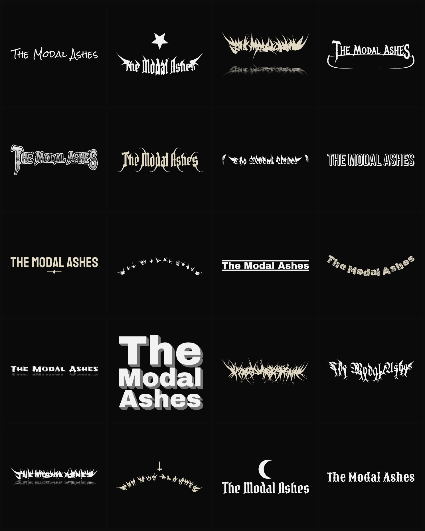 Twenty The Modal Ashes band logo ideas — different faces, treatments and spike settings