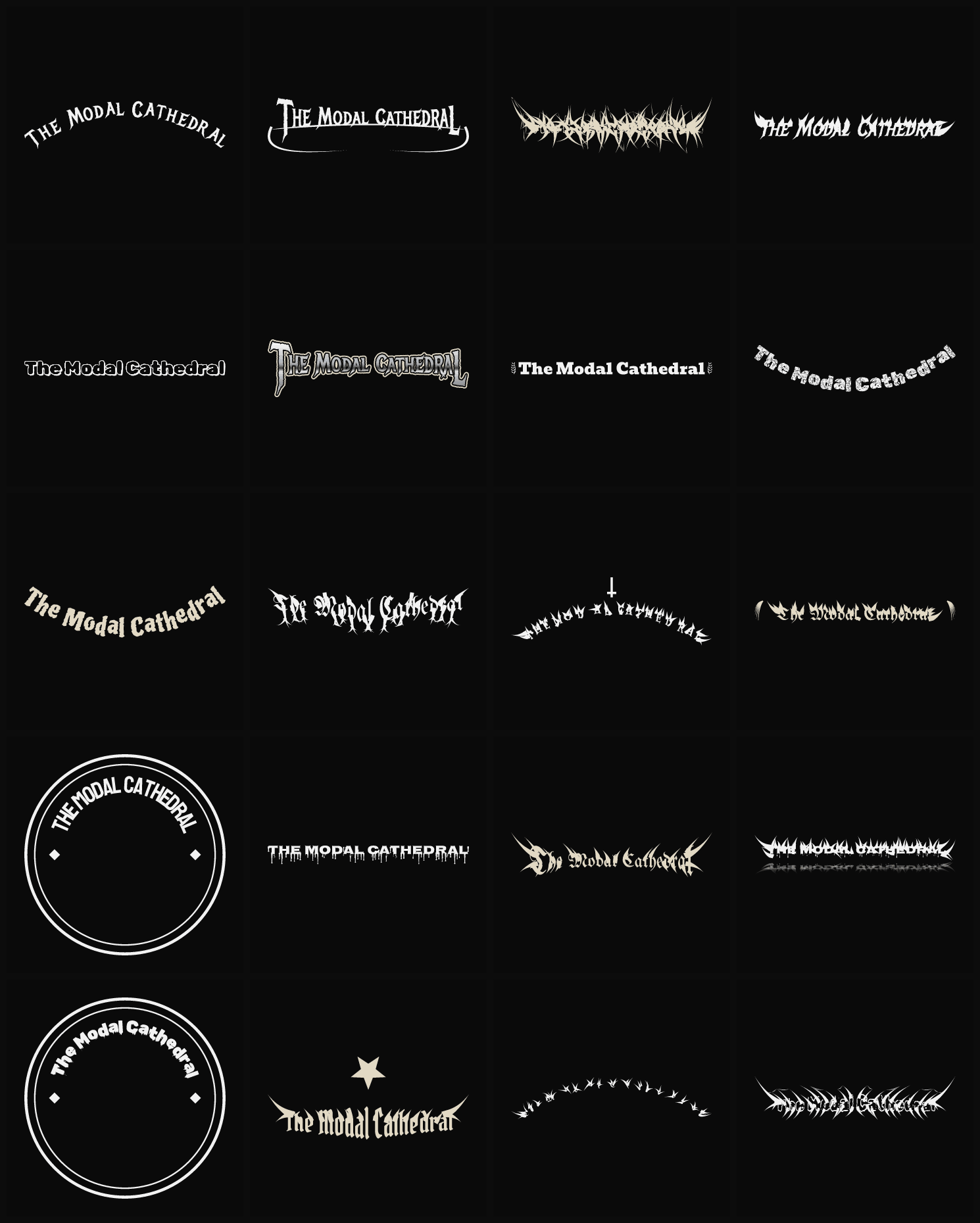 Twenty The Modal Cathedral band logo ideas — different faces, treatments and spike settings