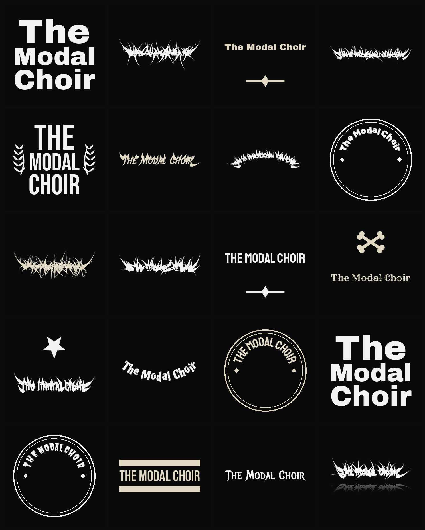 Twenty The Modal Choir band logo ideas — different faces, treatments and spike settings