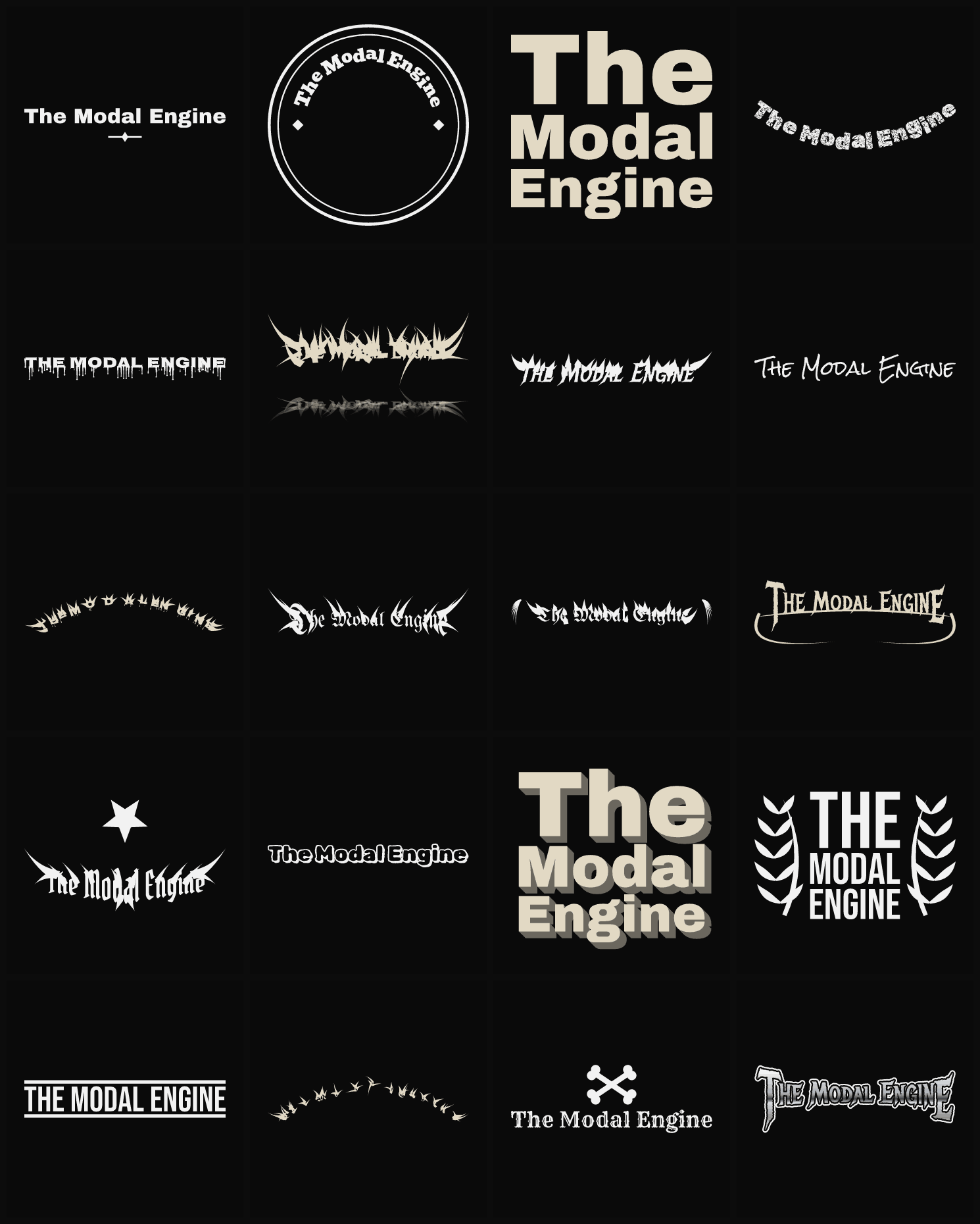 Twenty The Modal Engine band logo ideas — different faces, treatments and spike settings