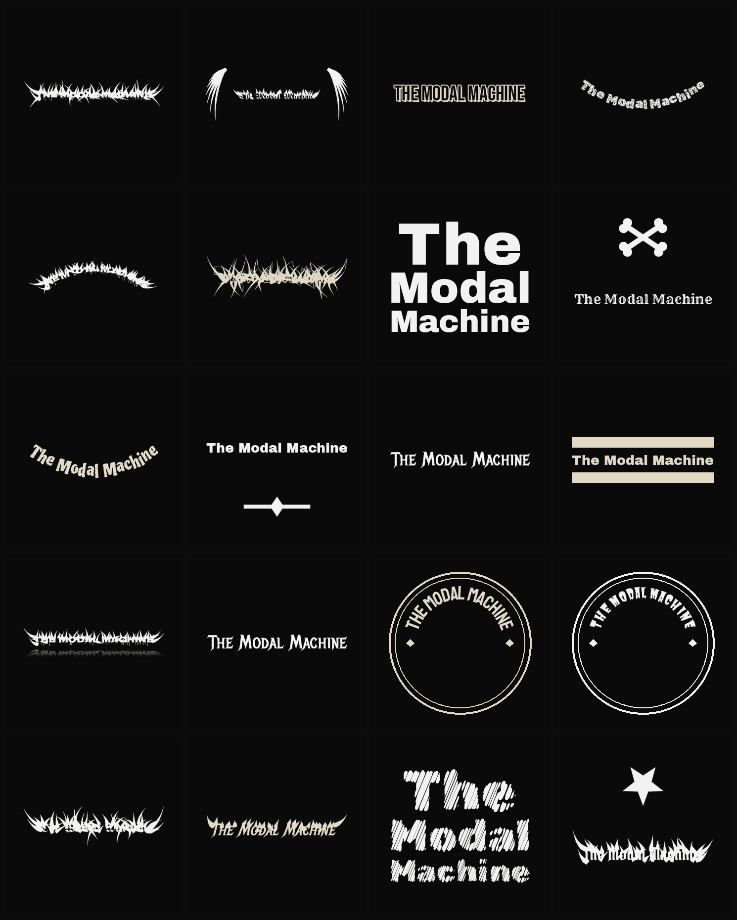 Twenty The Modal Machine band logo ideas — different faces, treatments and spike settings