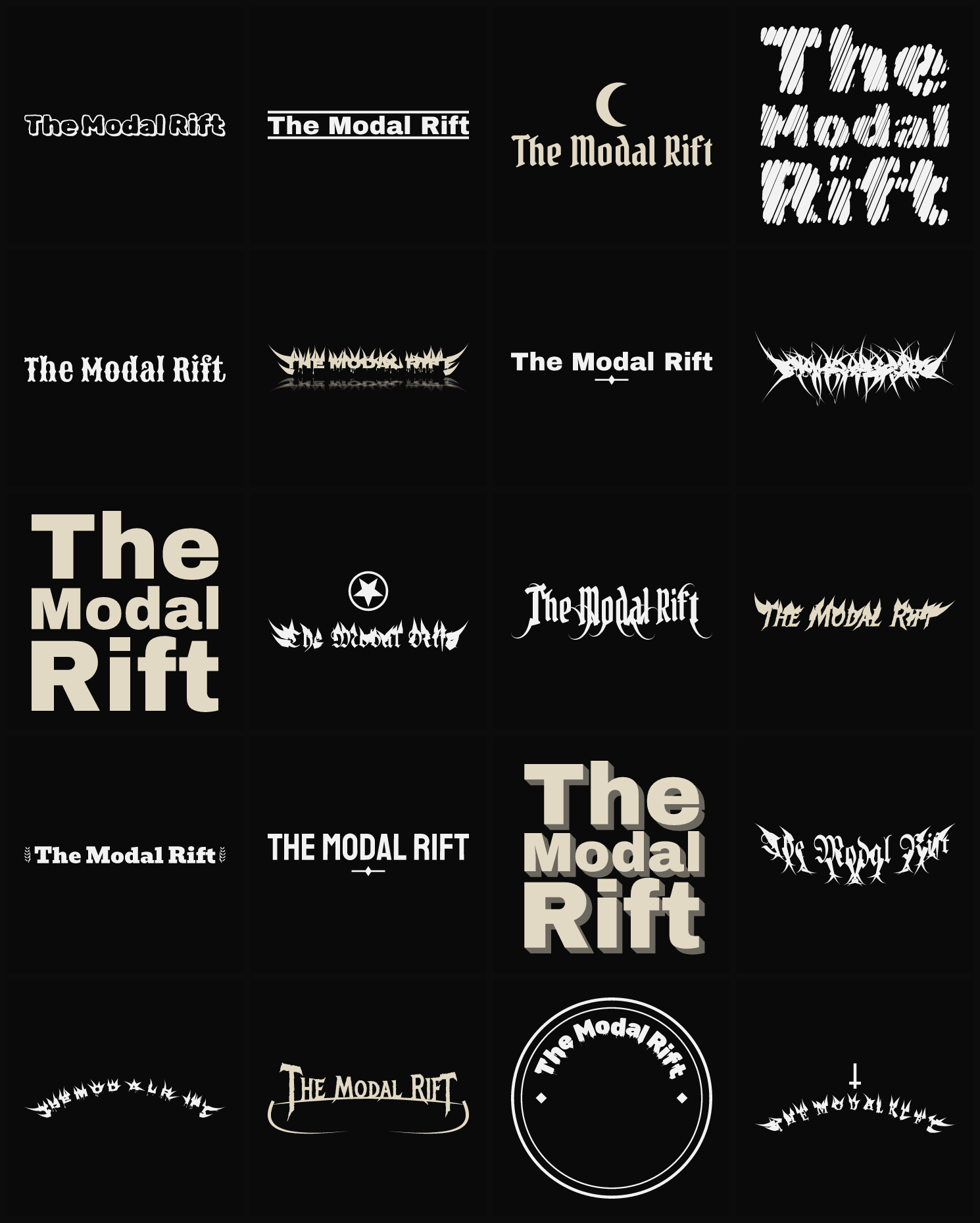 Twenty The Modal Rift band logo ideas — different faces, treatments and spike settings