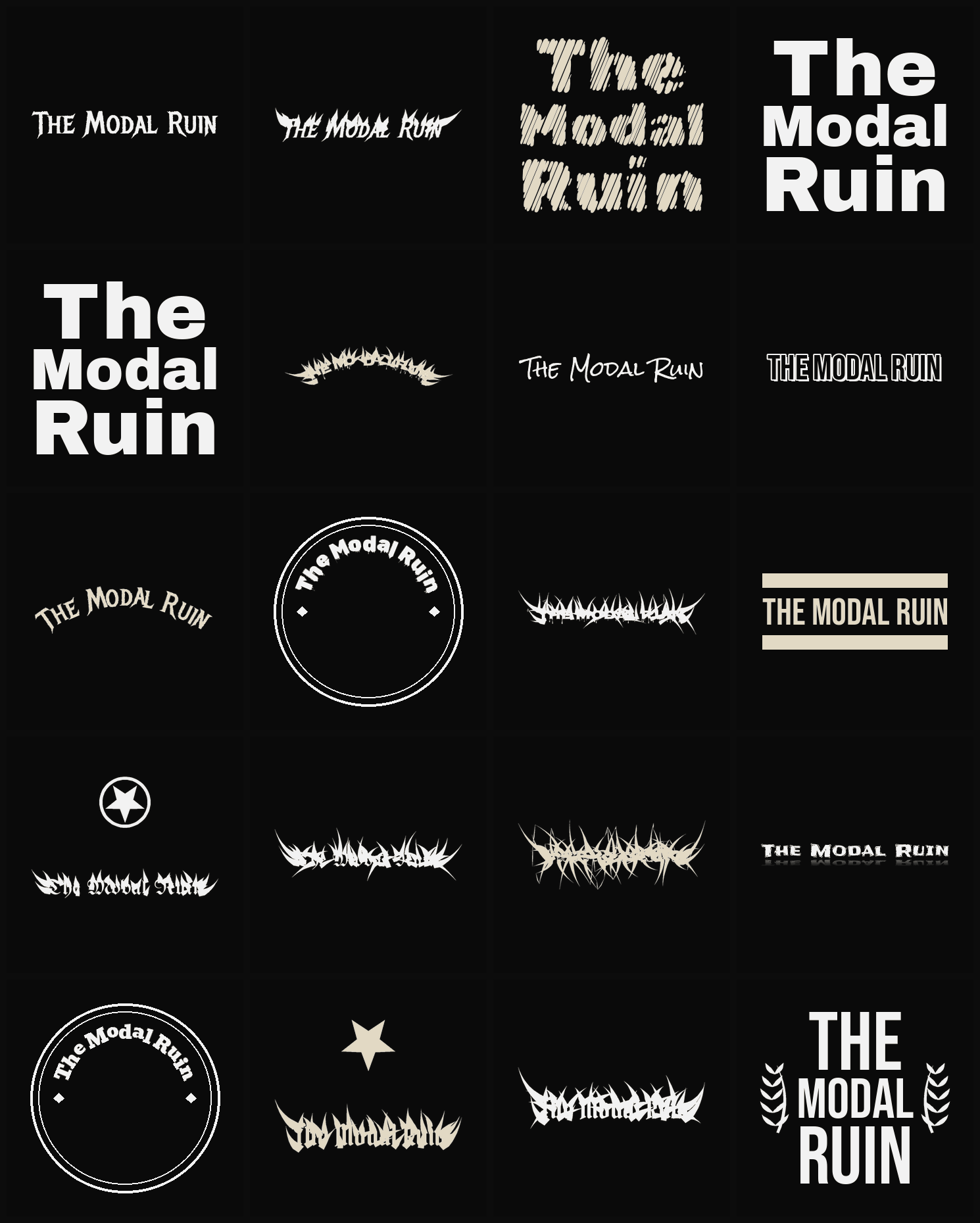 Twenty The Modal Ruin band logo ideas — different faces, treatments and spike settings