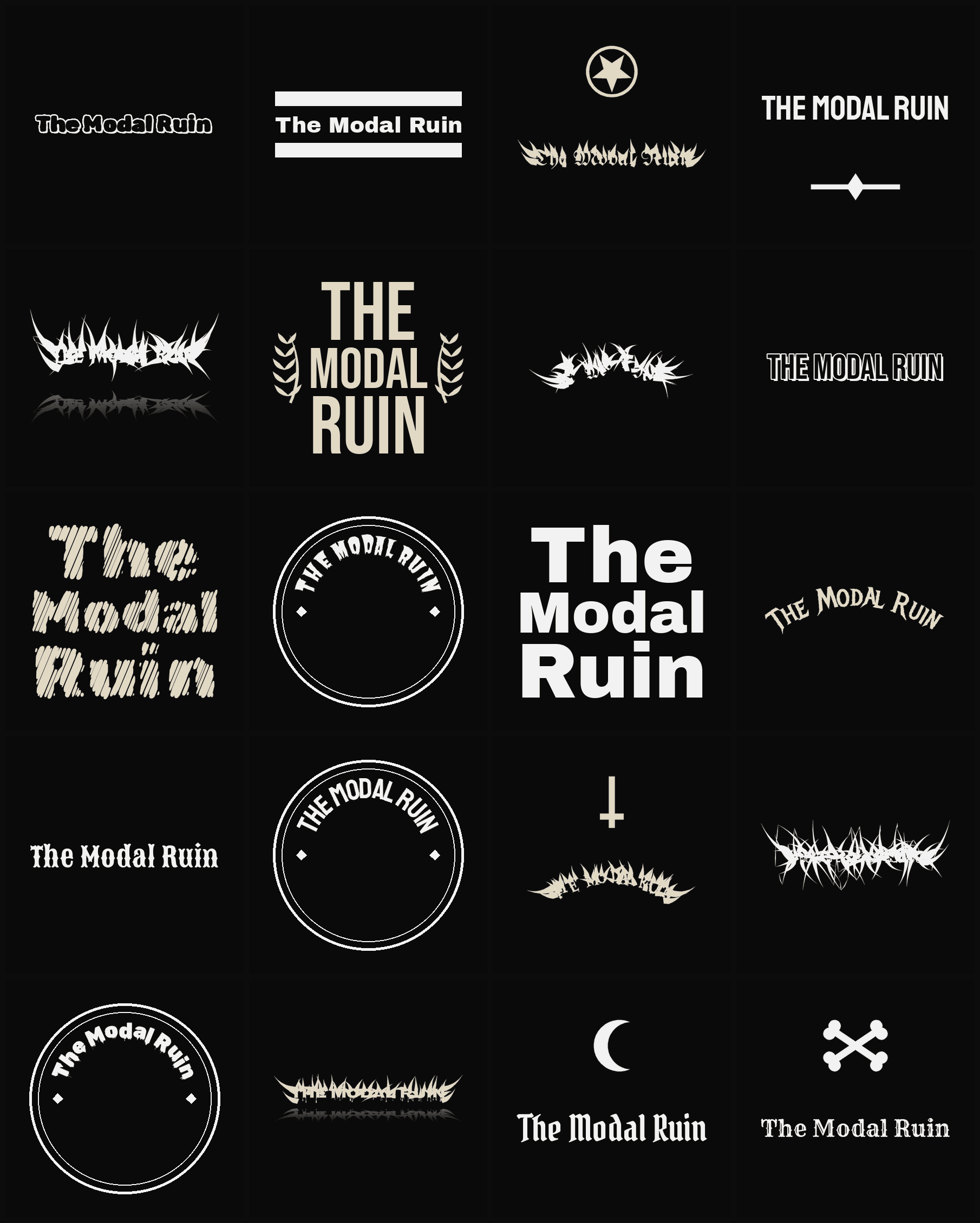 Twenty The Modal Ruin band logo ideas — different faces, treatments and spike settings