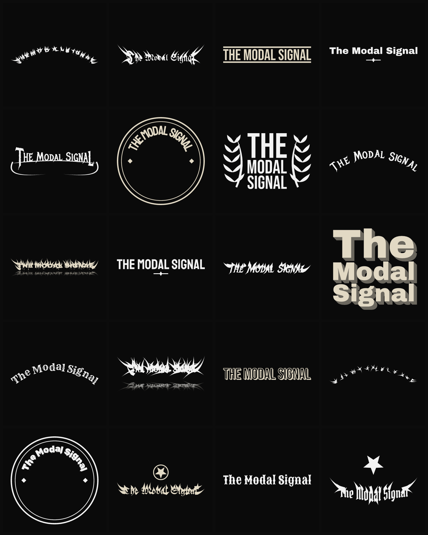 Twenty The Modal Signal band logo ideas — different faces, treatments and spike settings