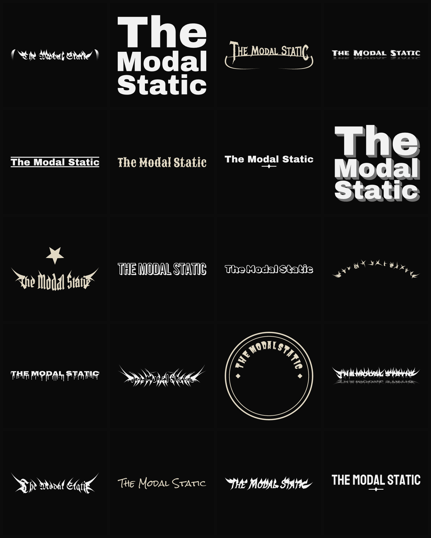 Twenty The Modal Static band logo ideas — different faces, treatments and spike settings