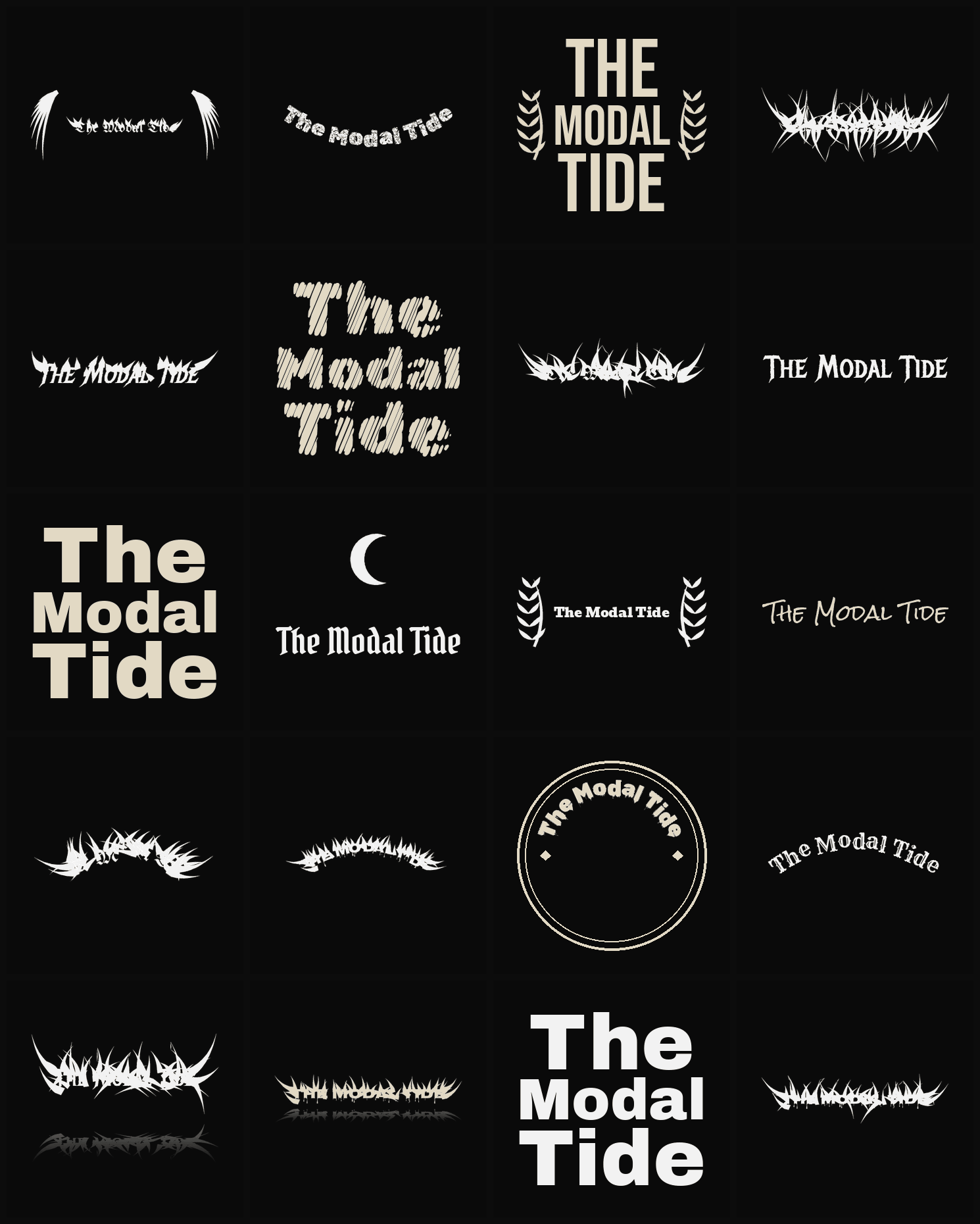 Twenty The Modal Tide band logo ideas — different faces, treatments and spike settings