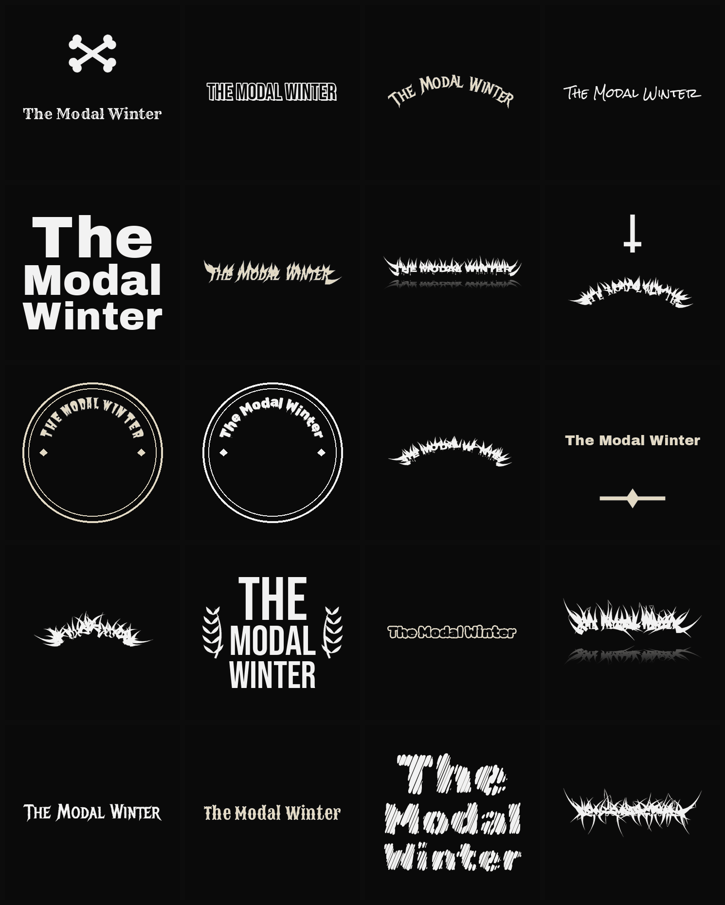 Twenty The Modal Winter band logo ideas — different faces, treatments and spike settings