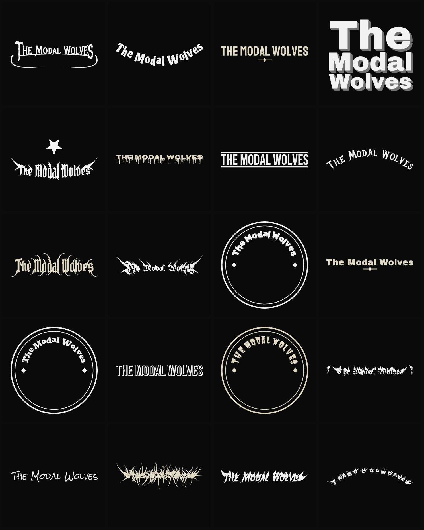 Twenty The Modal Wolves band logo ideas — different faces, treatments and spike settings