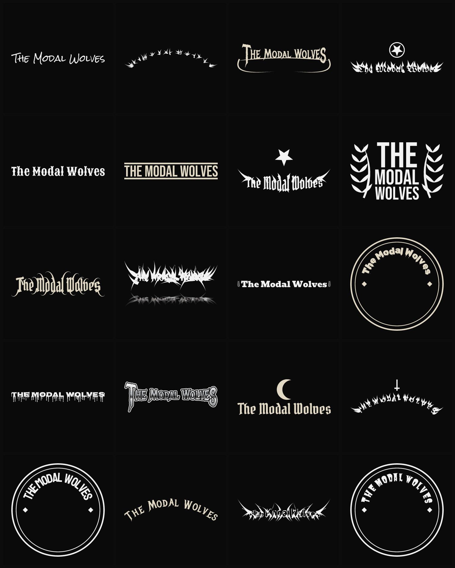 Twenty The Modal Wolves band logo ideas — different faces, treatments and spike settings