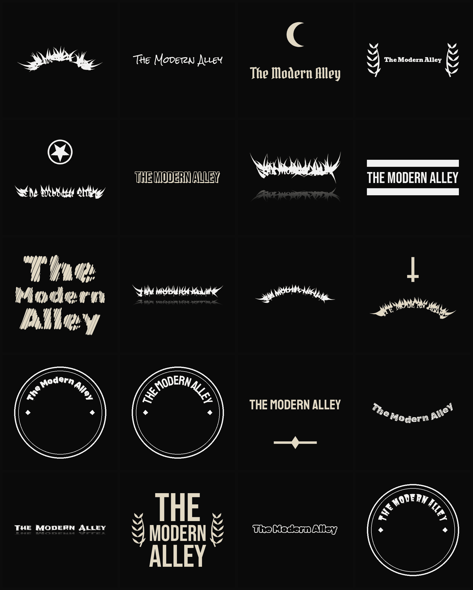 Twenty The Modern Alley band logo ideas — different faces, treatments and spike settings