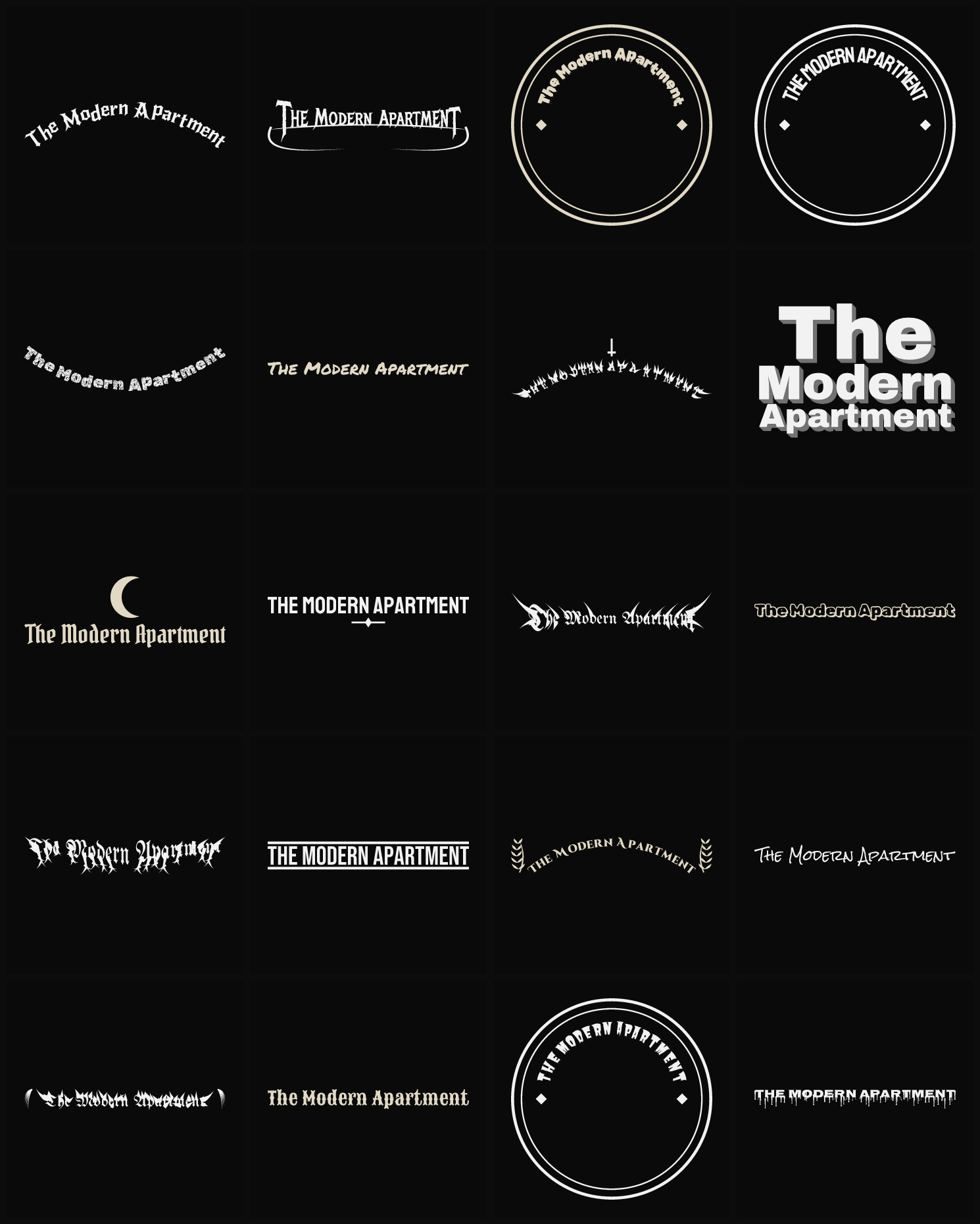 Twenty The Modern Apartment band logo ideas — different faces, treatments and spike settings