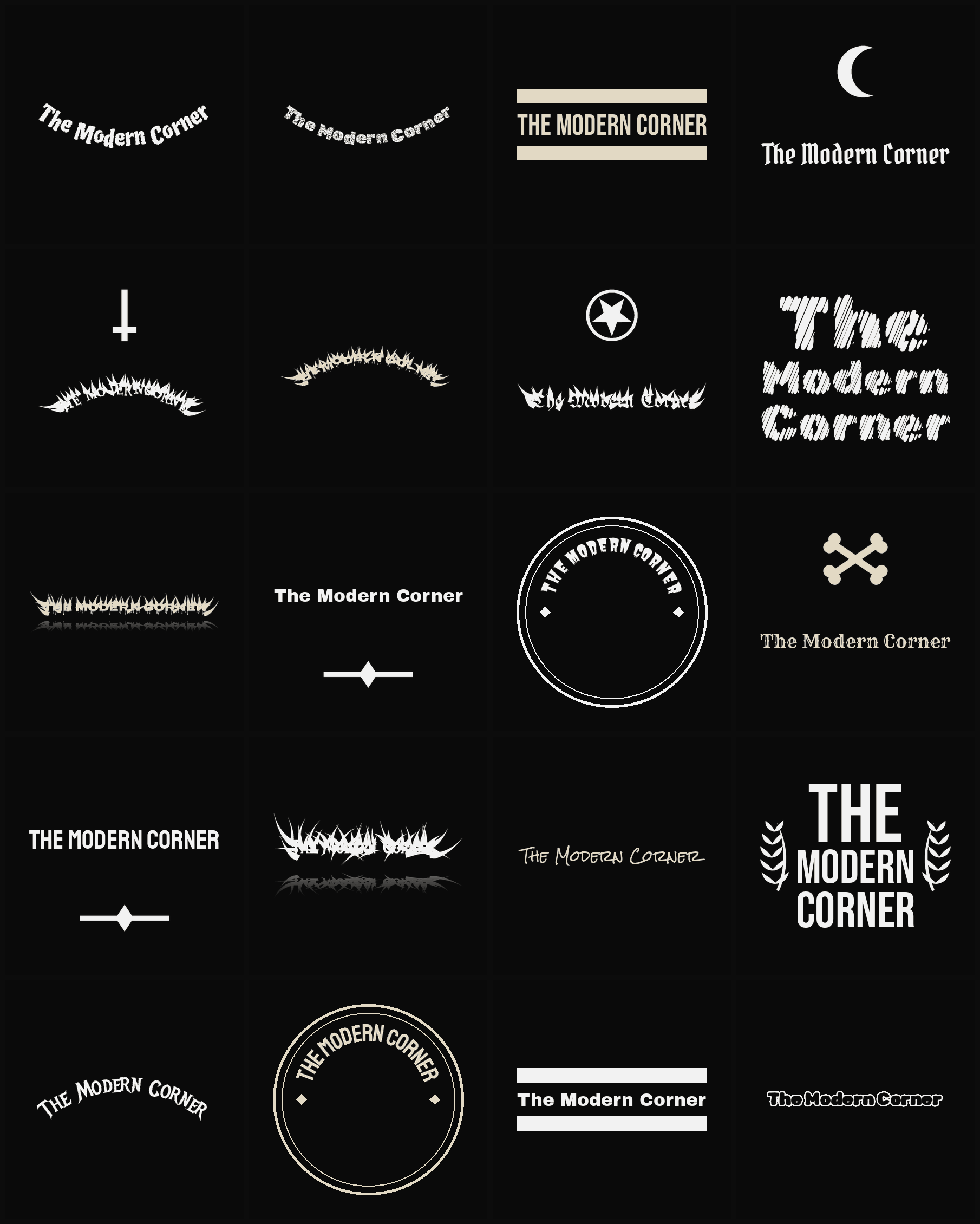 Twenty The Modern Corner band logo ideas — different faces, treatments and spike settings