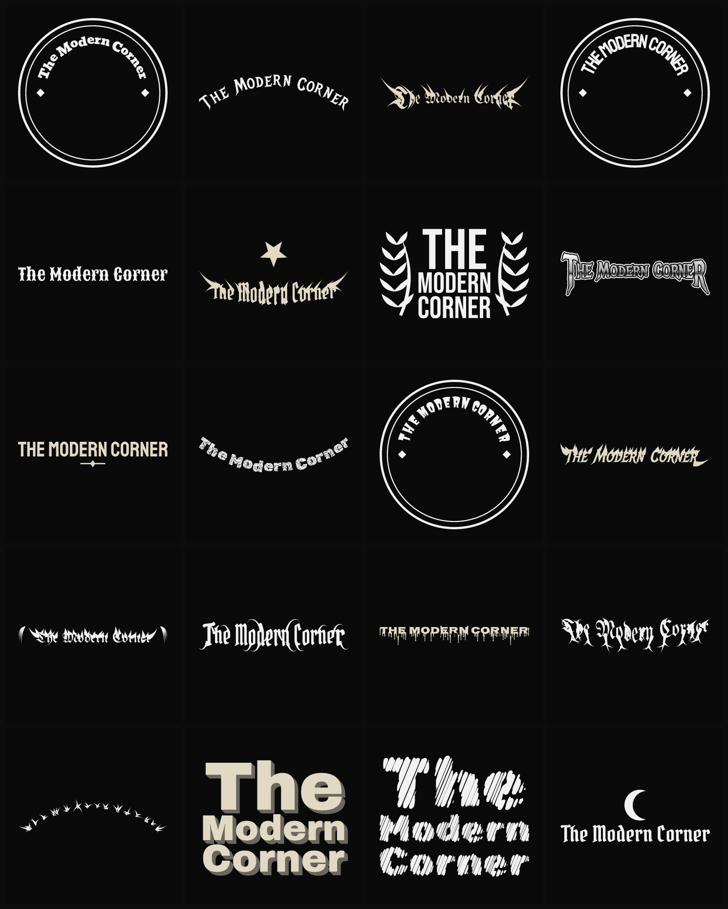 Twenty The Modern Corner band logo ideas — different faces, treatments and spike settings