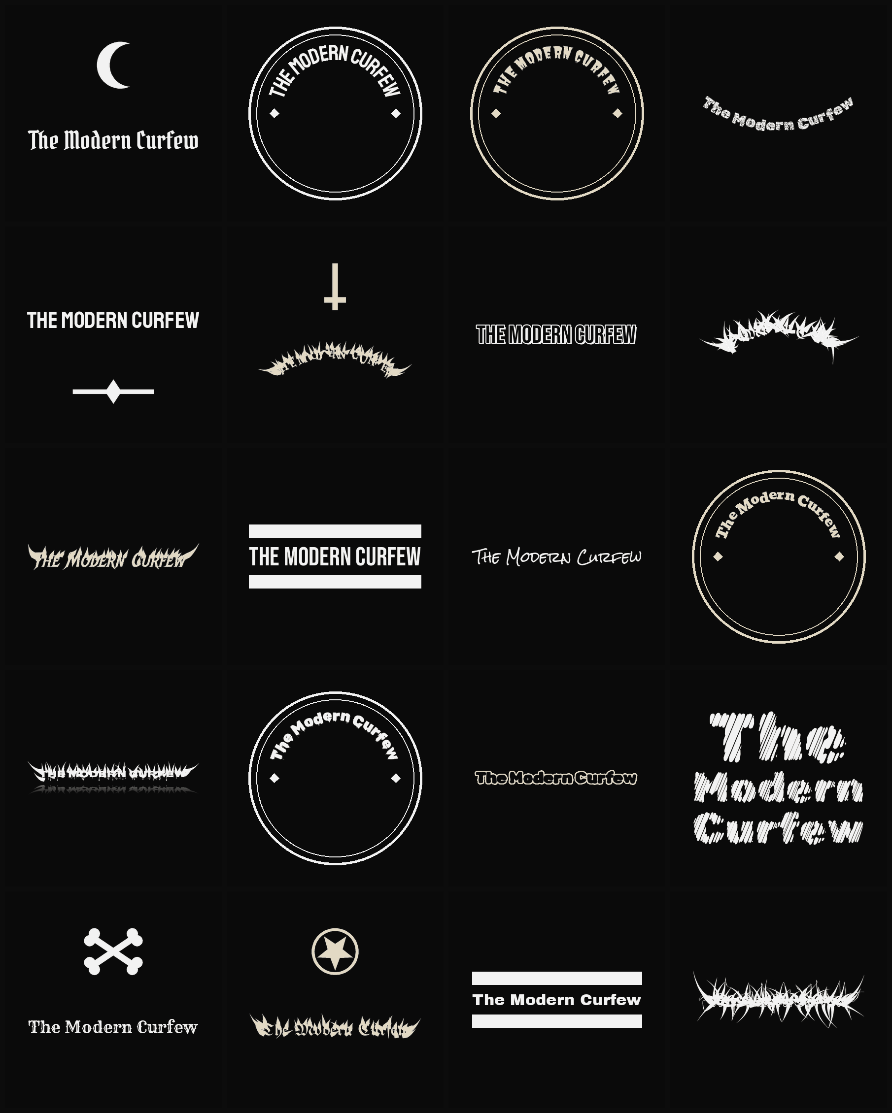 Twenty The Modern Curfew band logo ideas — different faces, treatments and spike settings
