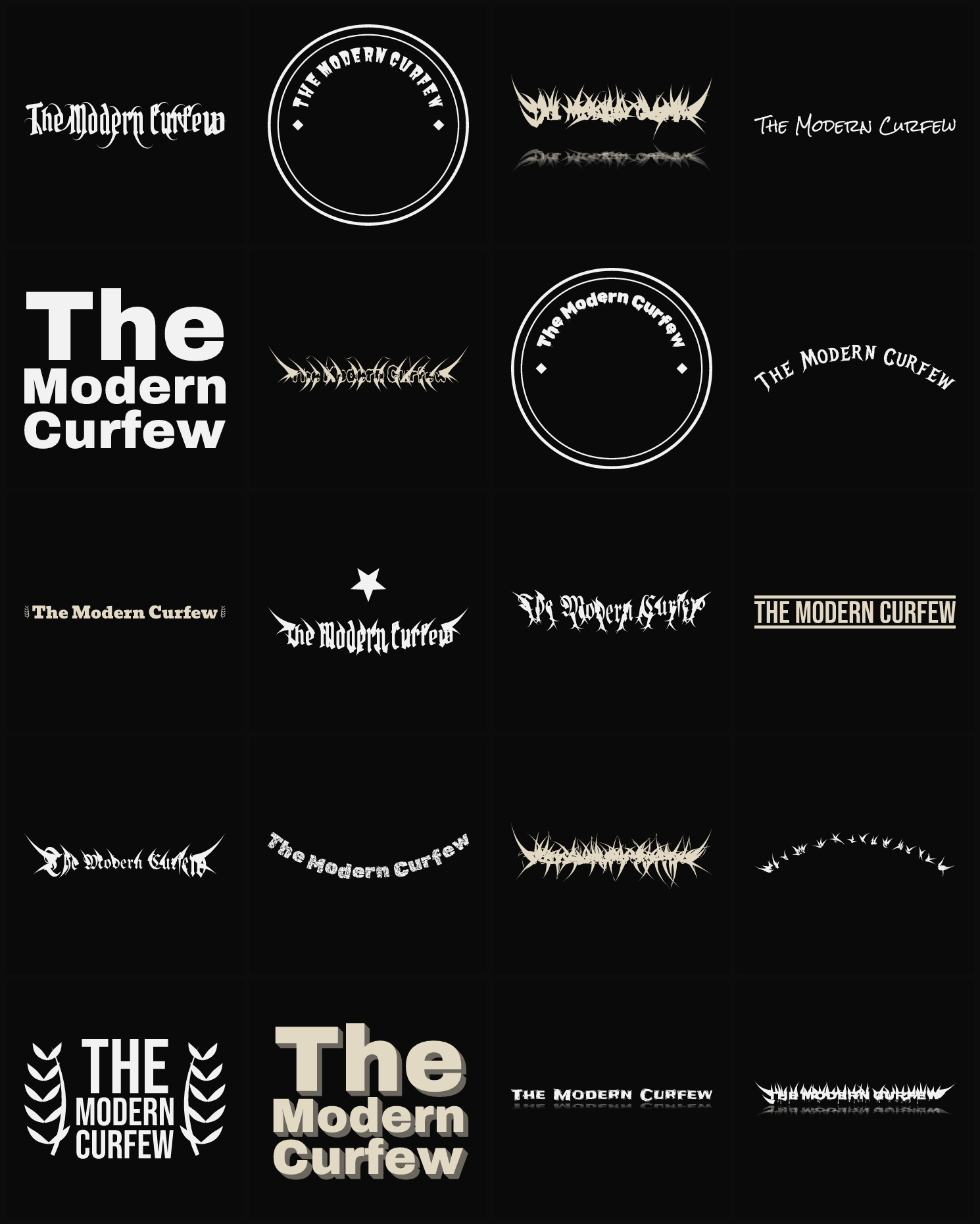 Twenty The Modern Curfew band logo ideas — different faces, treatments and spike settings
