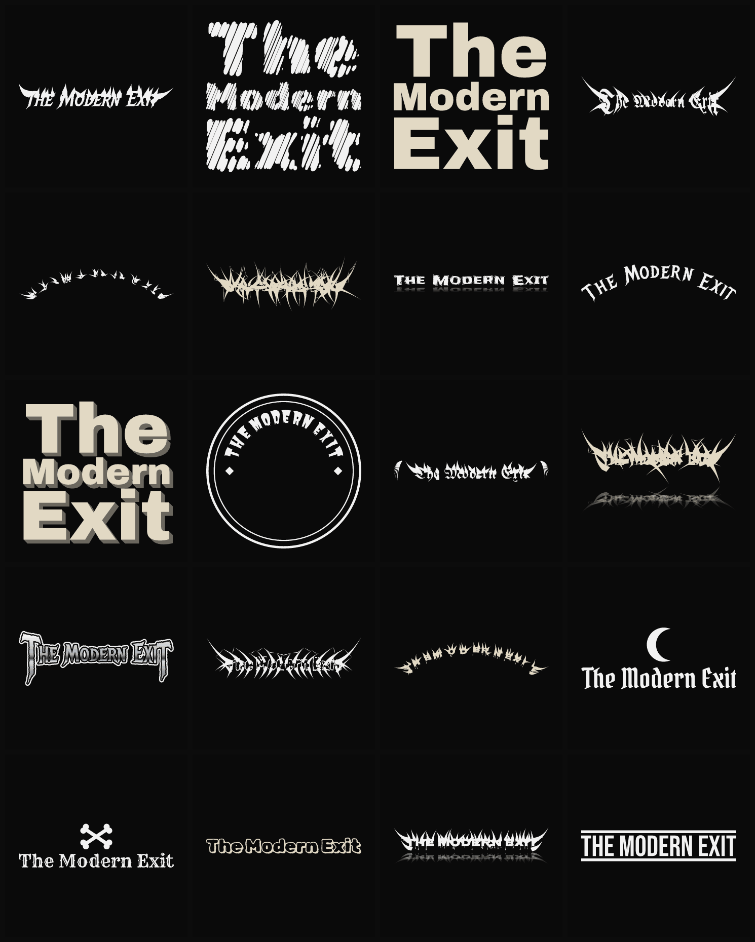 Twenty The Modern Exit band logo ideas — different faces, treatments and spike settings