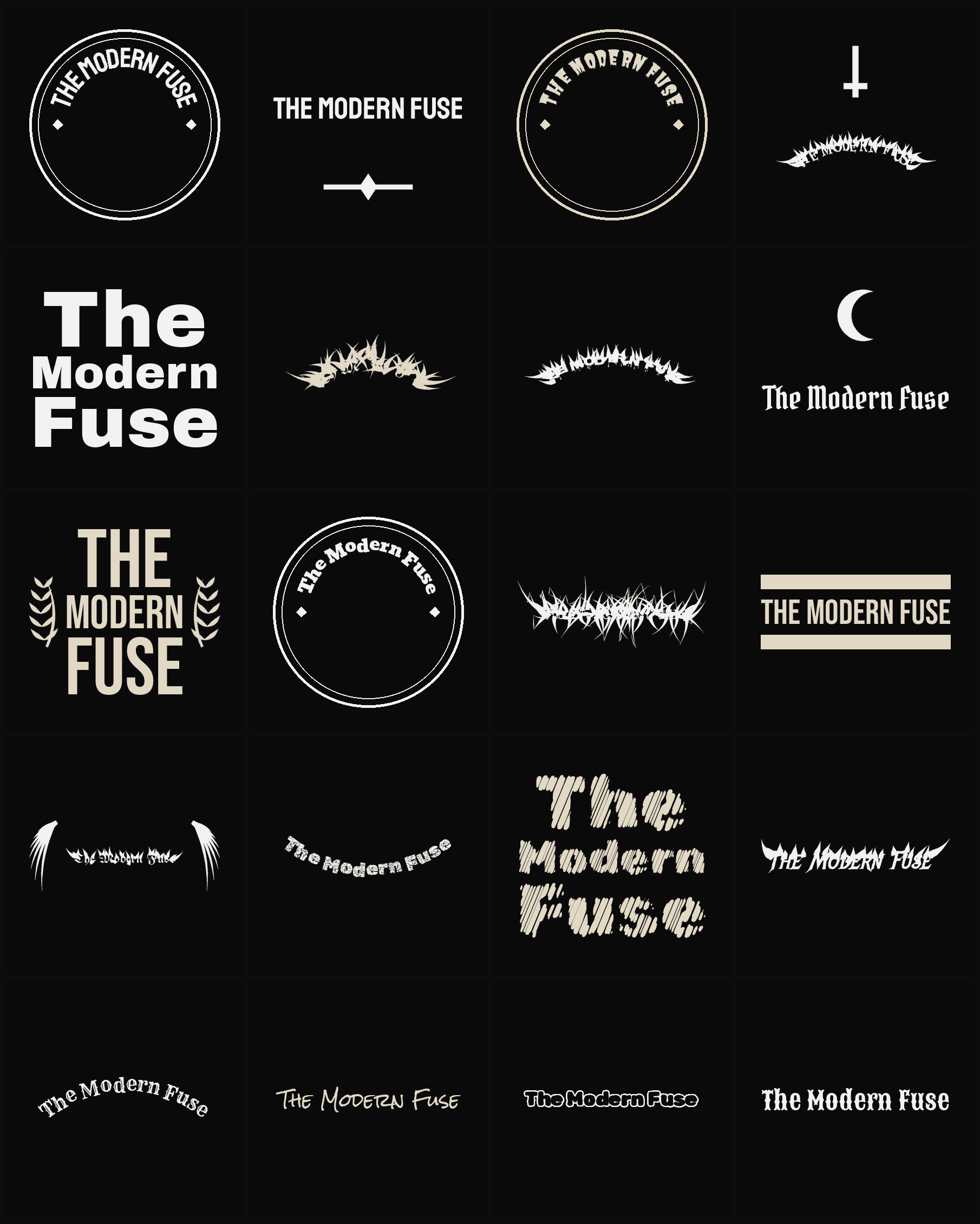 Twenty The Modern Fuse band logo ideas — different faces, treatments and spike settings