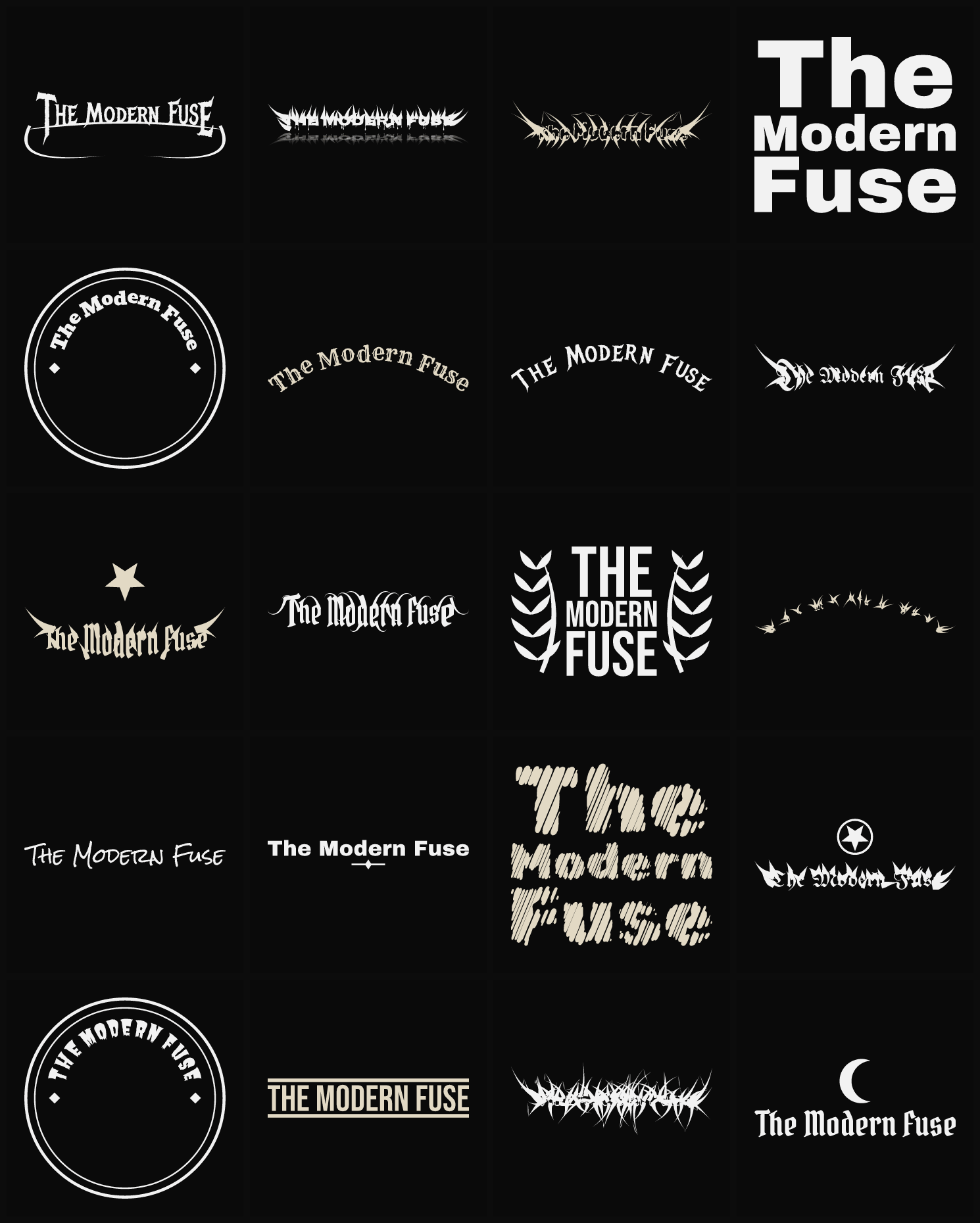 Twenty The Modern Fuse band logo ideas — different faces, treatments and spike settings