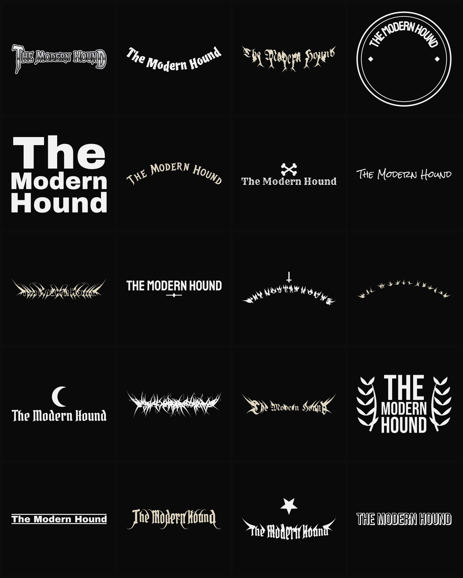 Twenty The Modern Hound band logo ideas — different faces, treatments and spike settings