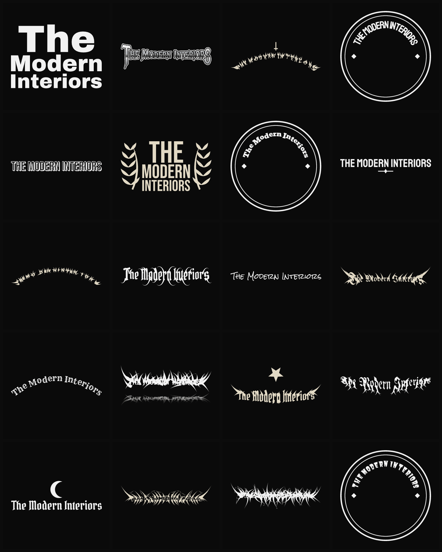Twenty The Modern Interiors band logo ideas — different faces, treatments and spike settings