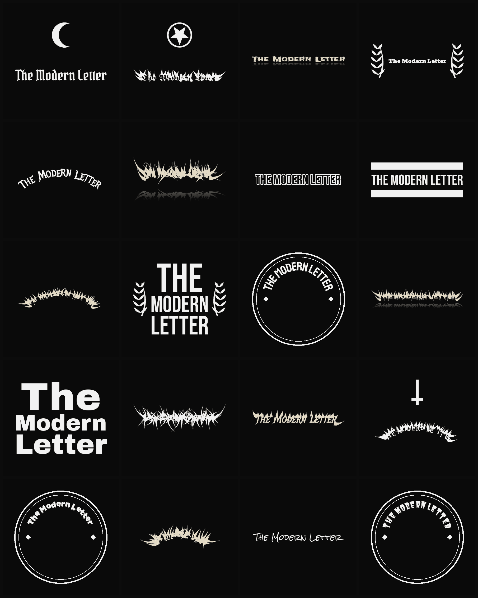 Twenty The Modern Letter band logo ideas — different faces, treatments and spike settings