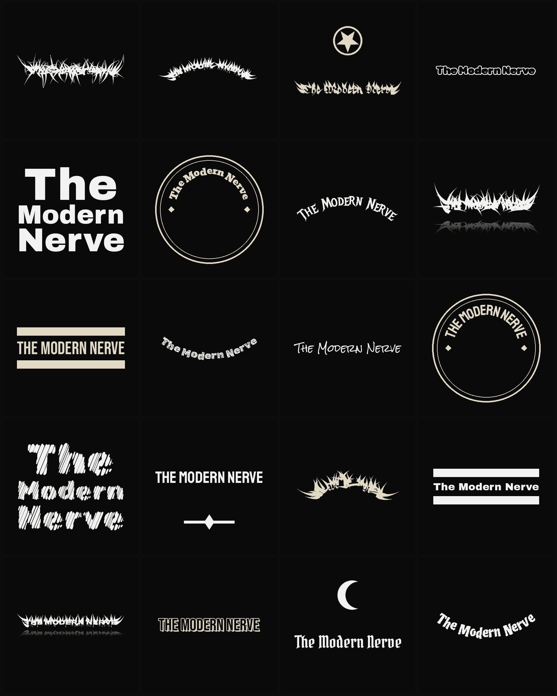 Twenty The Modern Nerve band logo ideas — different faces, treatments and spike settings