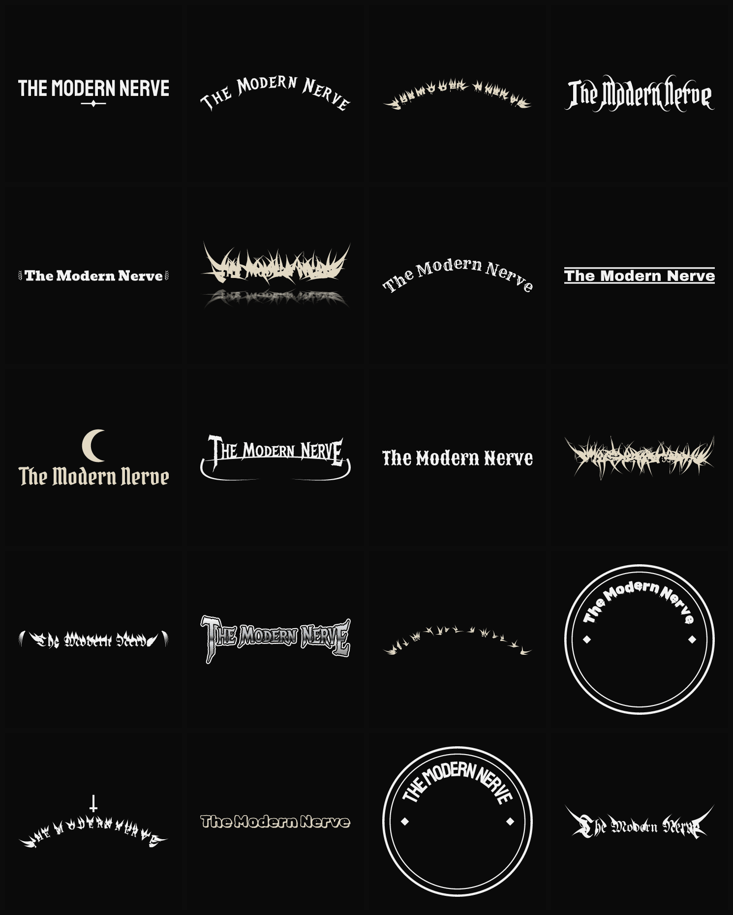 Twenty The Modern Nerve band logo ideas — different faces, treatments and spike settings