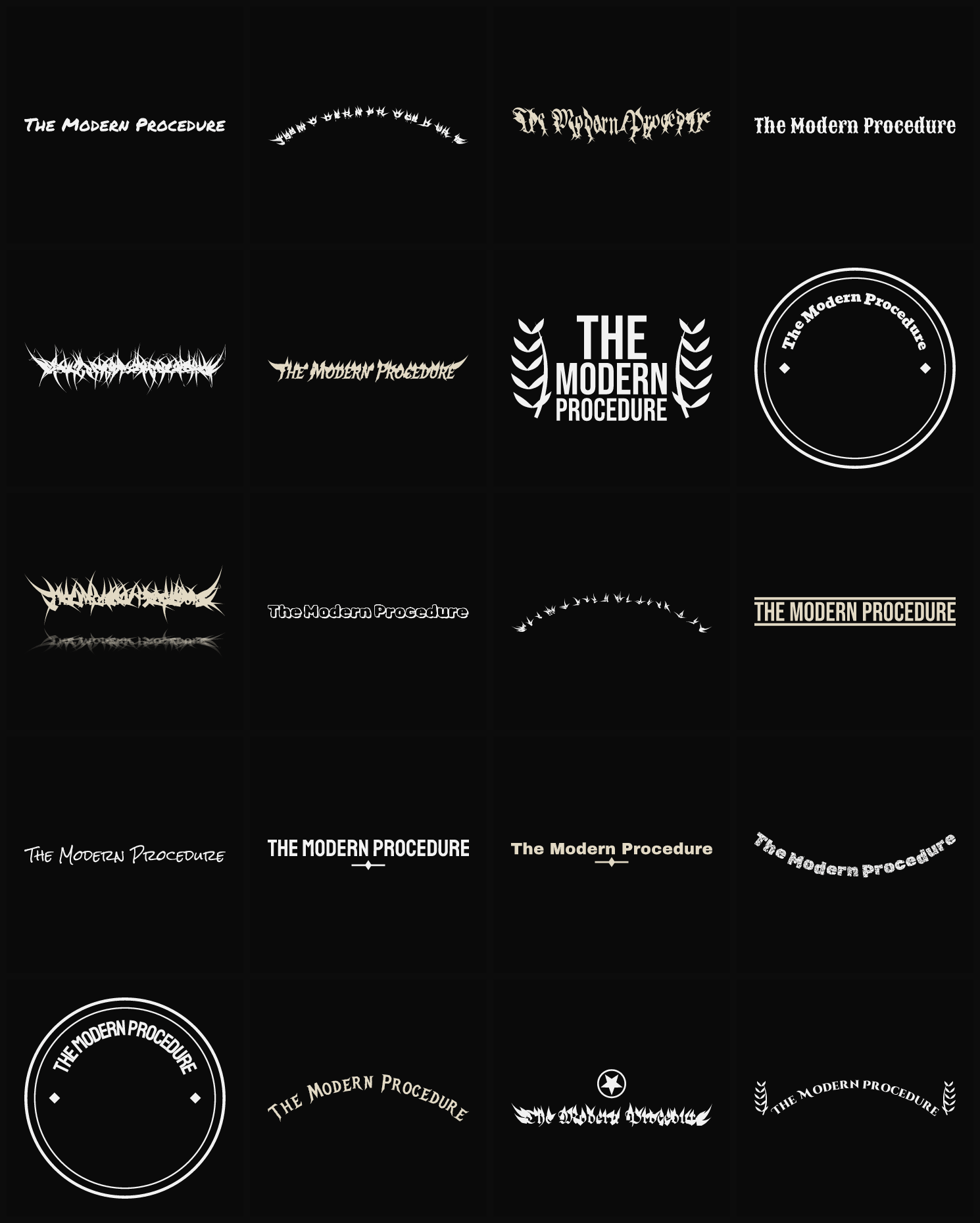 Twenty The Modern Procedure band logo ideas — different faces, treatments and spike settings