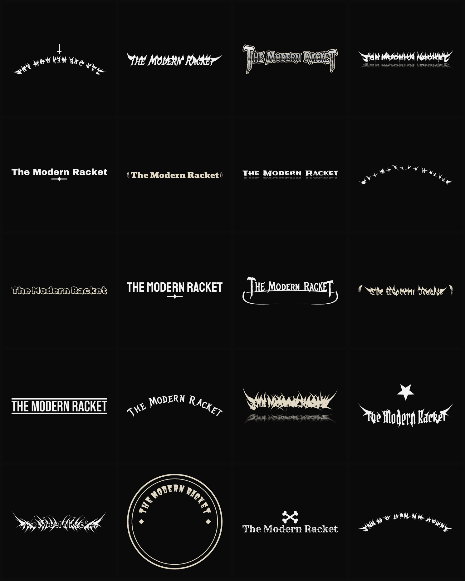 Twenty The Modern Racket band logo ideas — different faces, treatments and spike settings