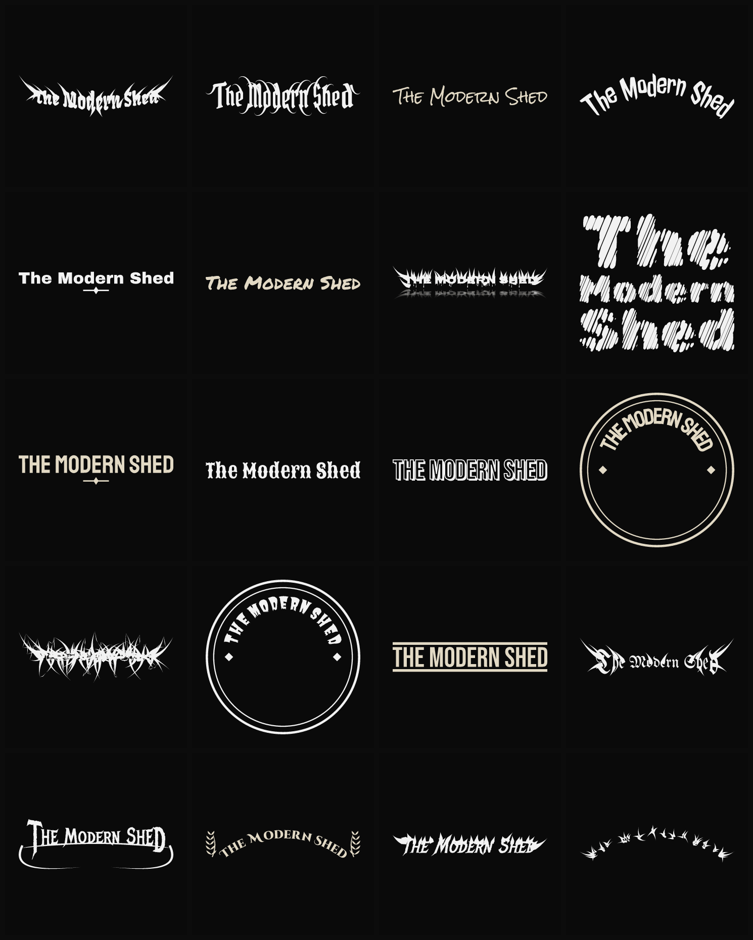 Twenty The Modern Shed band logo ideas — different faces, treatments and spike settings