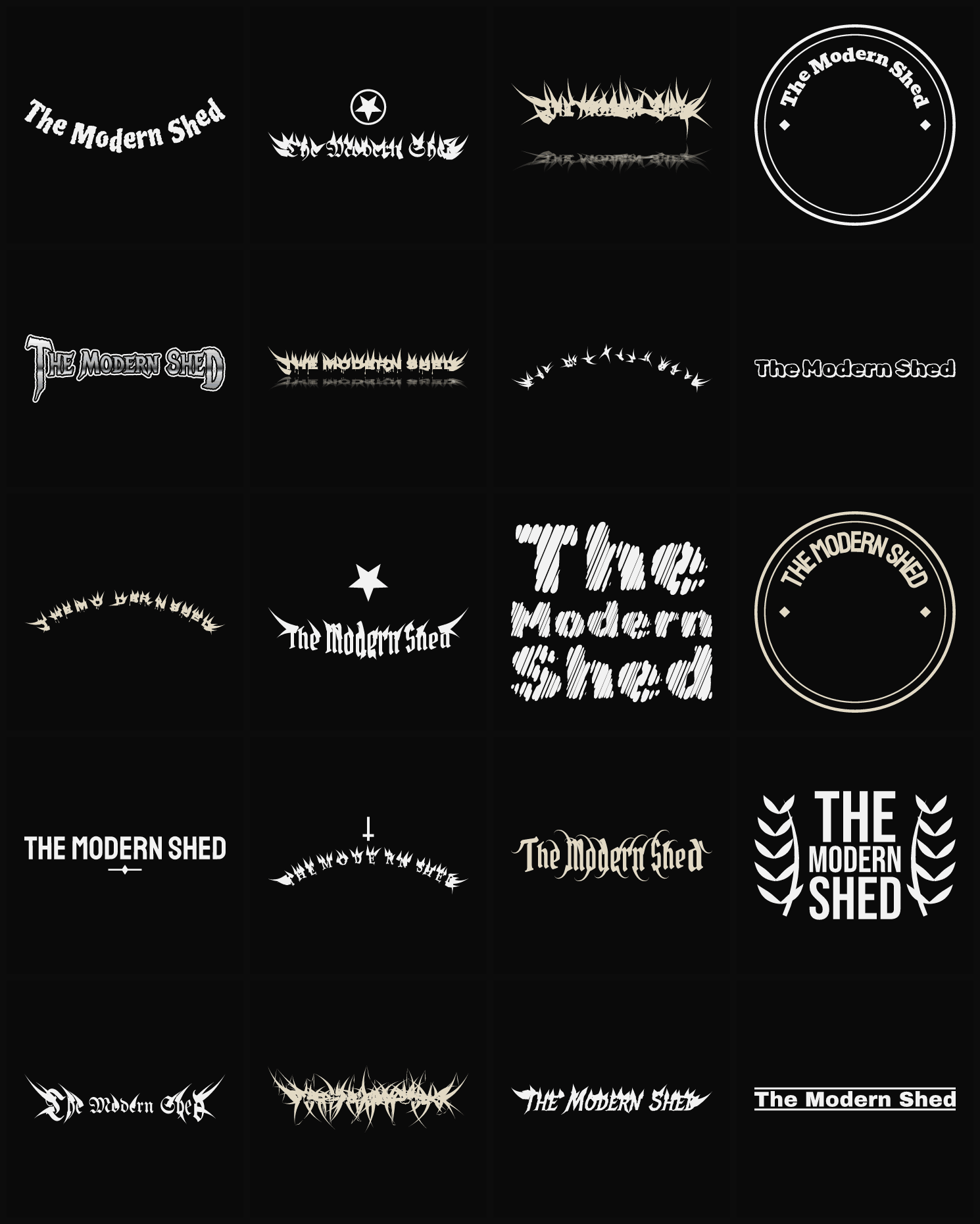 Twenty The Modern Shed band logo ideas — different faces, treatments and spike settings